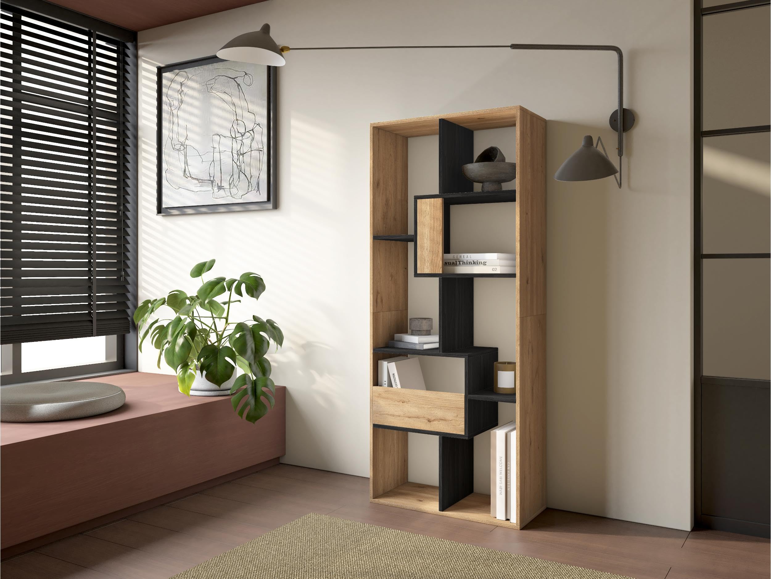 Skraut Home | Librería estantería | Estanteria Libros de Pared | 162x67x31cm | con Almacenaje | Estilo Moderno | Roble y Negro
