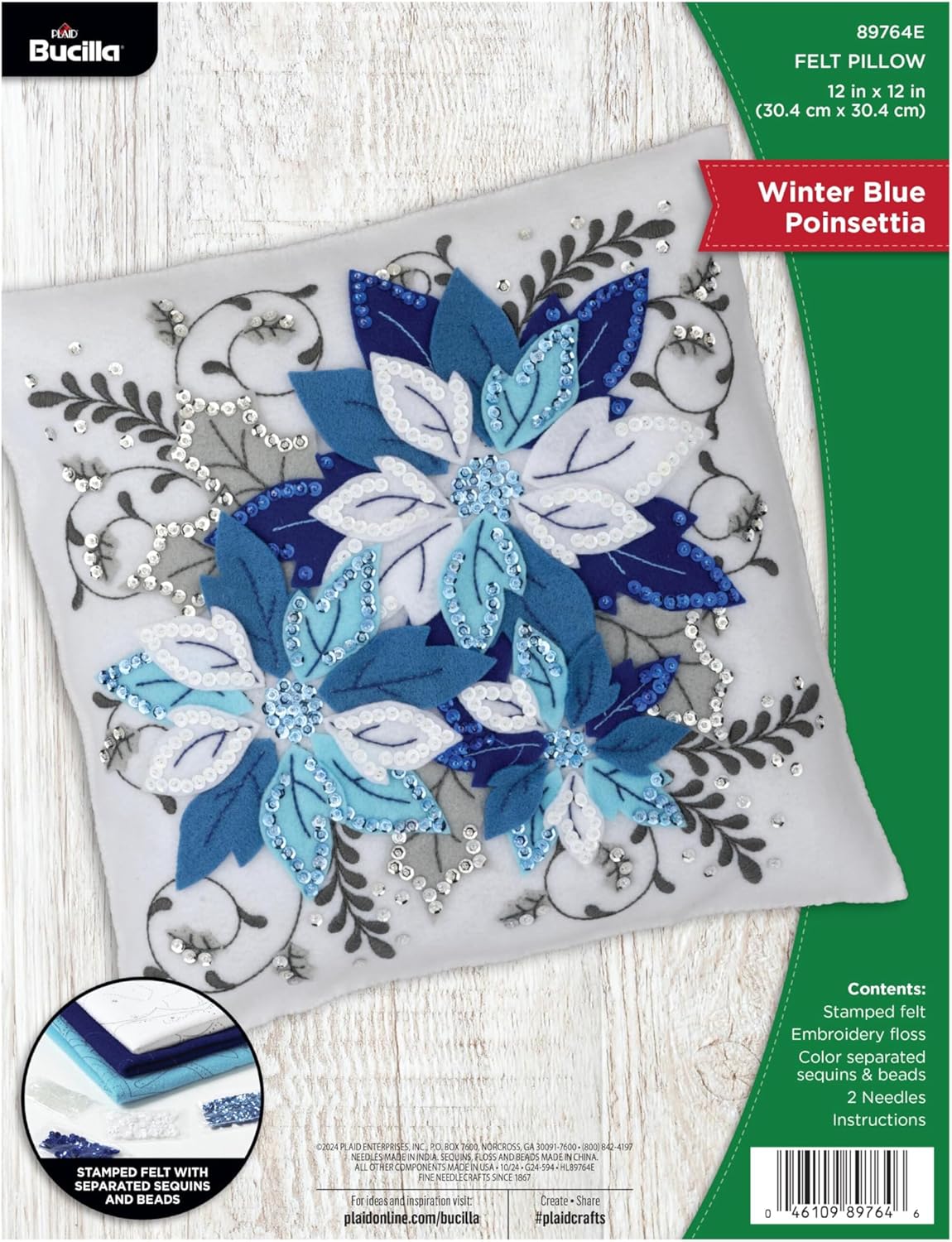 Bucilla Felt Applique Pillow Kit, Winter Blue Poinsettia, Perfect for DIY Arts and Crafts