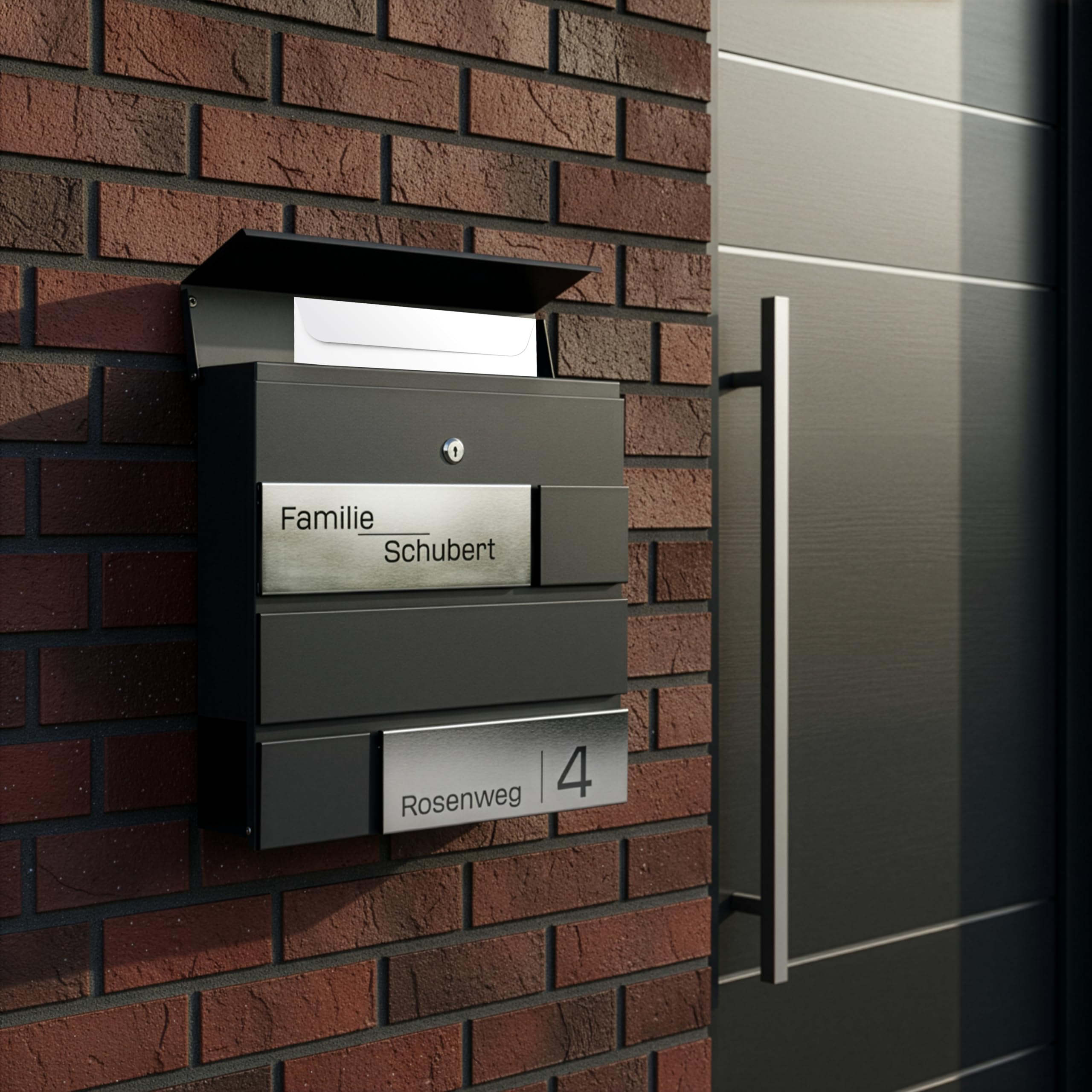 Grafner Premium Briefkasten personalisiert, RAL7016 mit Zeitungsfach und 2 Schlüssel, moderner Postkasten mit Name Straße Hausnummer, anthrazitgrau Wandbriefkasten graviert, mit Montagematerial