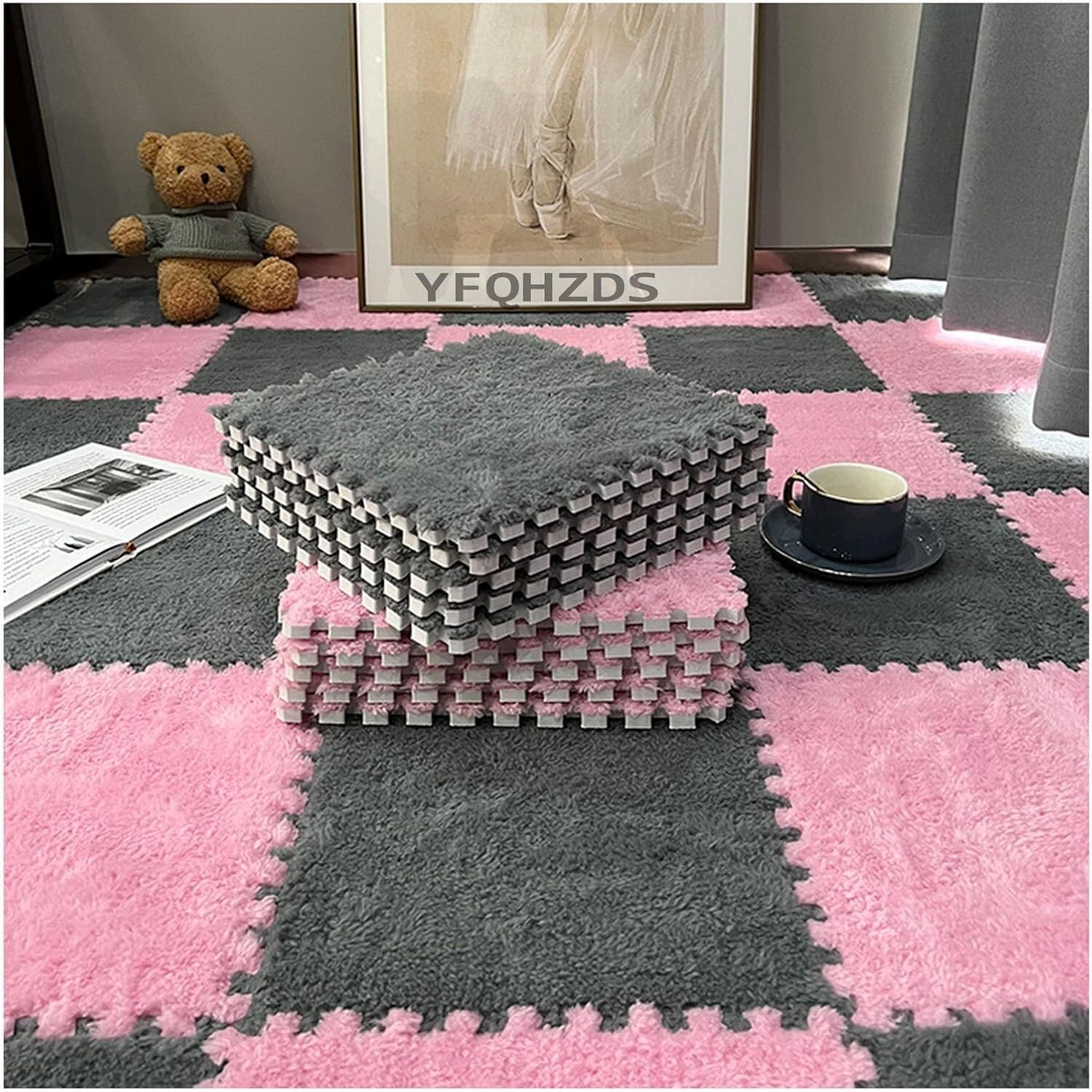 JvFbjLF Plush Foam Floor Mat 30pcs 30&60cm Square Puzzle Rugs Interlocking Foam Tiles(Gray+Pink,60x60x1cm)