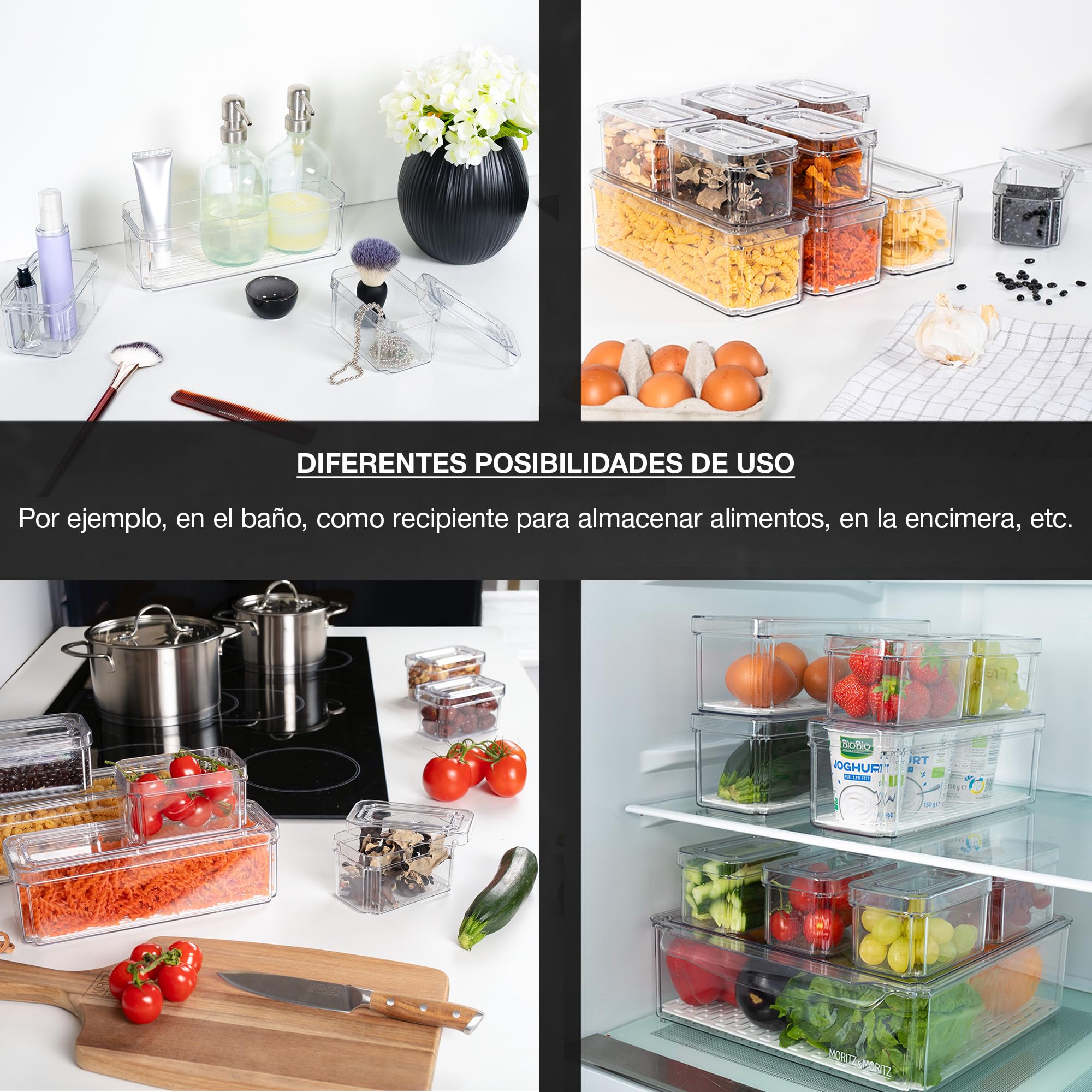 Moritz & Moritz Juego de 10 organizadores para frigorífico con tapa, apilables, transparentes, resistentes, para cocina, armario o cajón