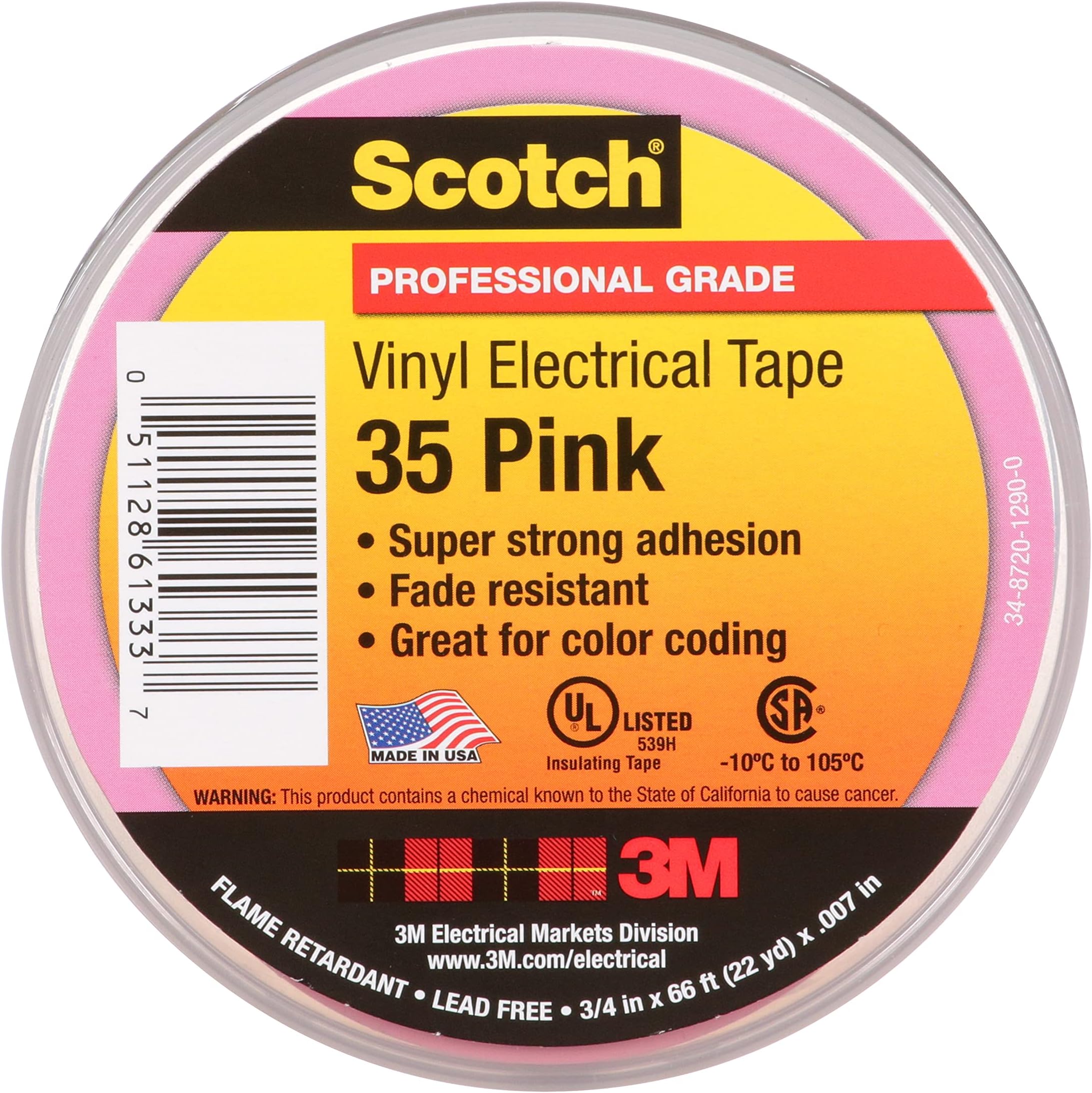 3M Scotch Vinyl Color Coding Electrical Tape 35, Premium Grade, Flame Retardant, UV Resistant, Electrical and Mechanical Protection, Pink, 7 mil, 3/4 in x 66 ft, 1 Roll
