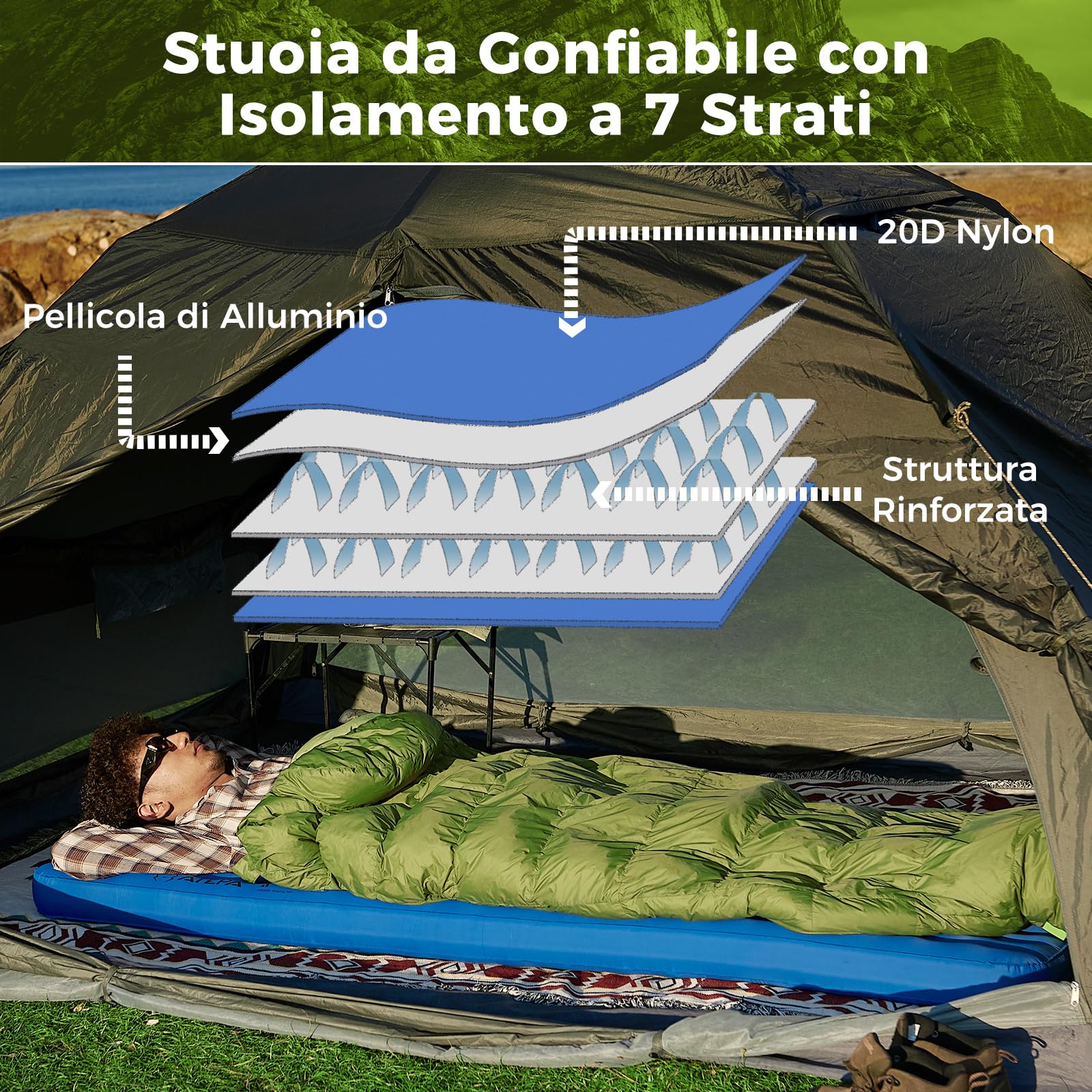 ATEPA Ultraleggero Gonfiabile Materassino da Campeggio Singolo Spessore 11 cm Materassino gonfiabile Compatto Materassino da Campeggio 20D Nylon Impermeabile per Escursionismo Backpacking