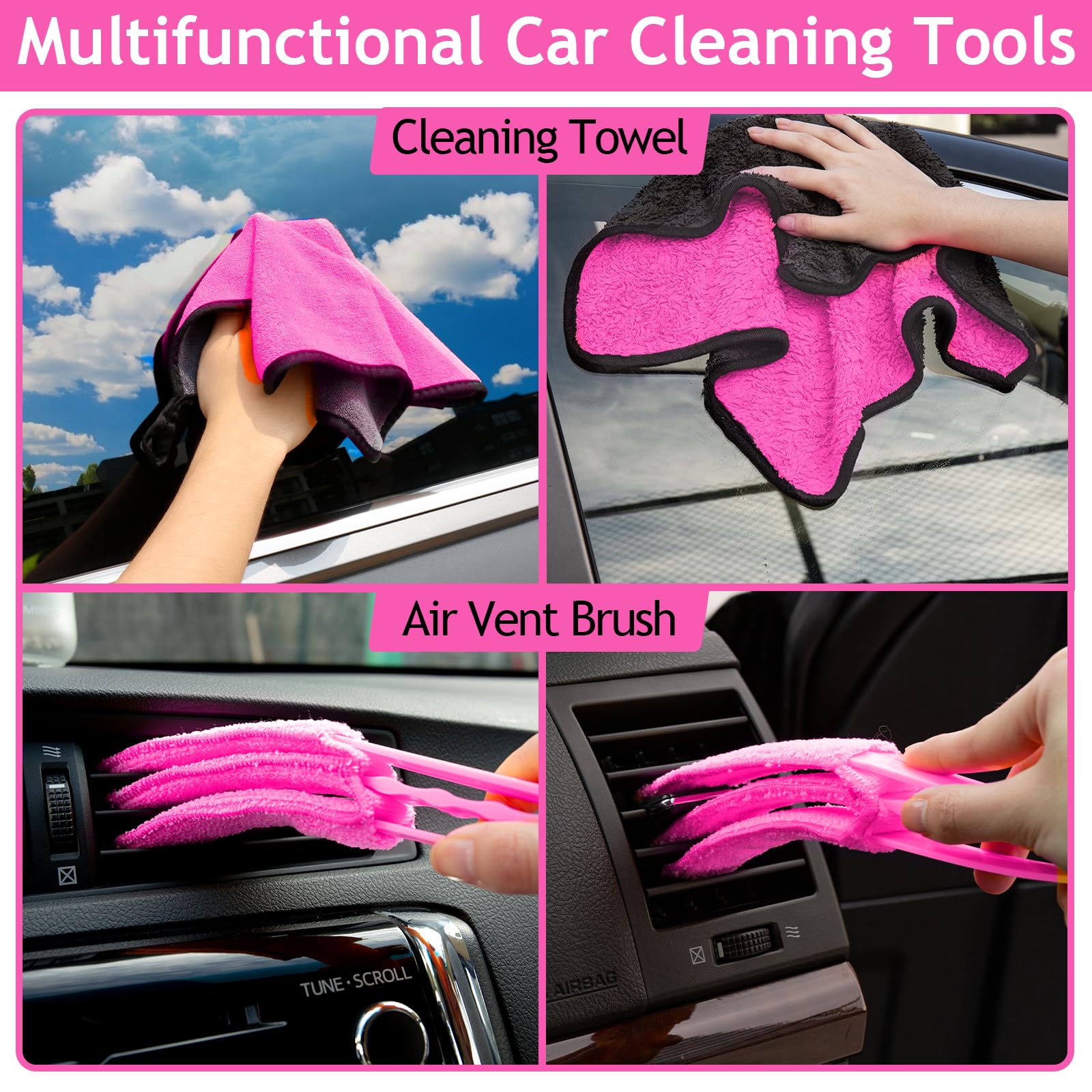 Kit de limpieza, lavado de autos rosados ​​para el lavado de autos de damas: incluye 17 piezas de gel de lavado de autos, tela de limpieza de microfibras,(pink)