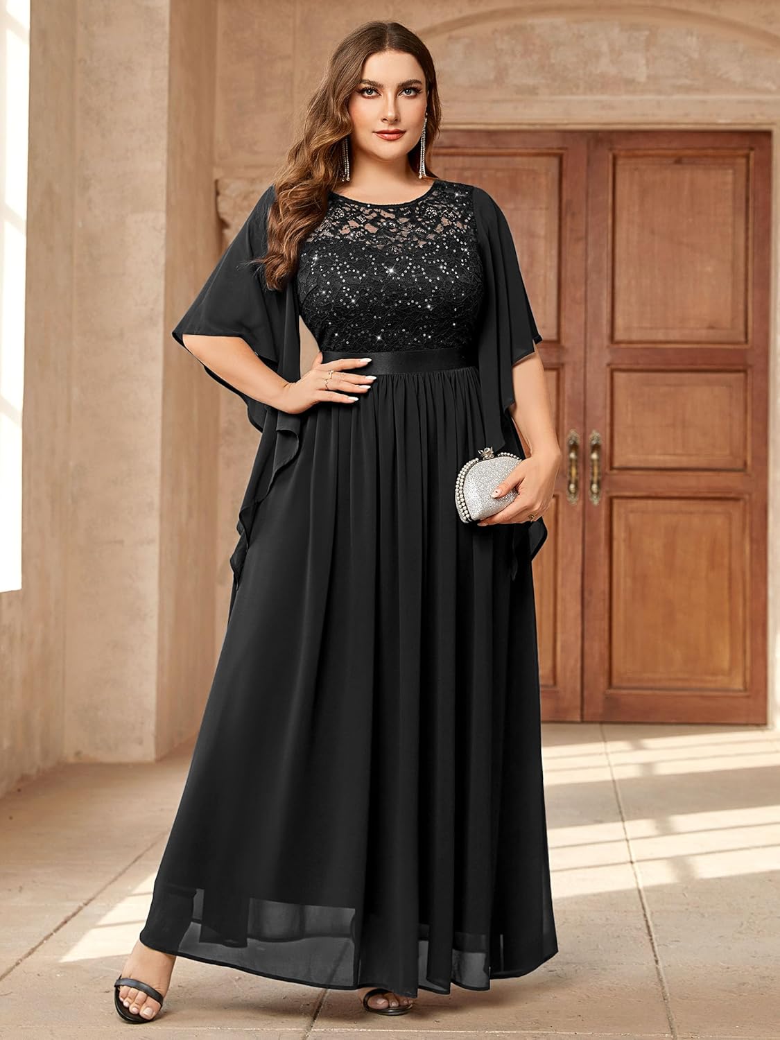Miusol Women's Plus Size Sequin Lace with Ruffle Cape Cloak Sleeves Elegant Evening Gown Wedding Guest Maxi Dress - Image 3