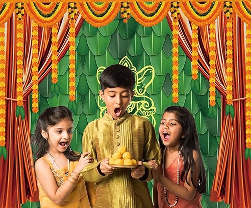 Miniatura 6 de Decoración de fondo indio Pooja para fotografía, 10 x 8 pies, tradicional, indio, festival de Puja Ganpati Mehndi, fondo de fotos de plátano, hojas