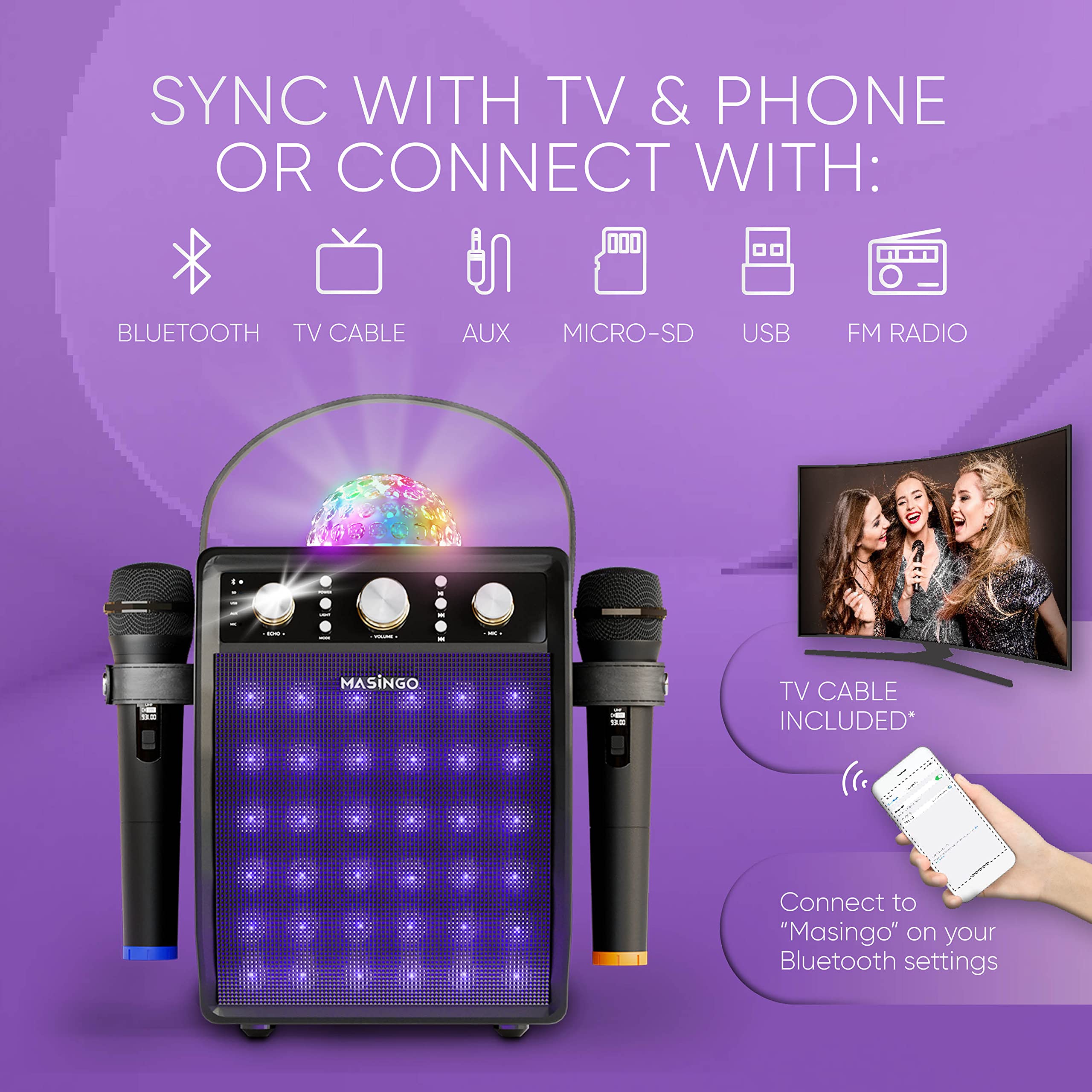 MASINGO Bluetooth Karaoke Machine for Adults and Kids Portable