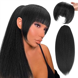 UAmy hair Long Yaki Straight Drawstring Ponytail with Bangs for Black Women Synthetic Thick Kinky Straight Bangs Ponytail Hairpieces 20 inch Clip in Ponytail Extension for Girl Daily Use