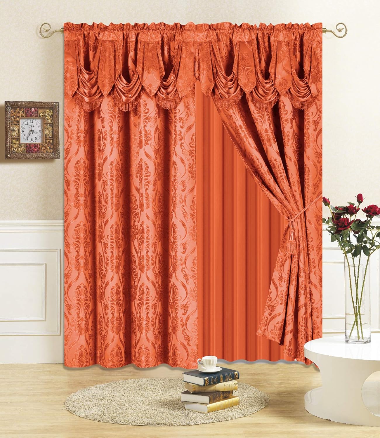 63" Orange Polyester Light-Filtering Window Panel Set with Valance