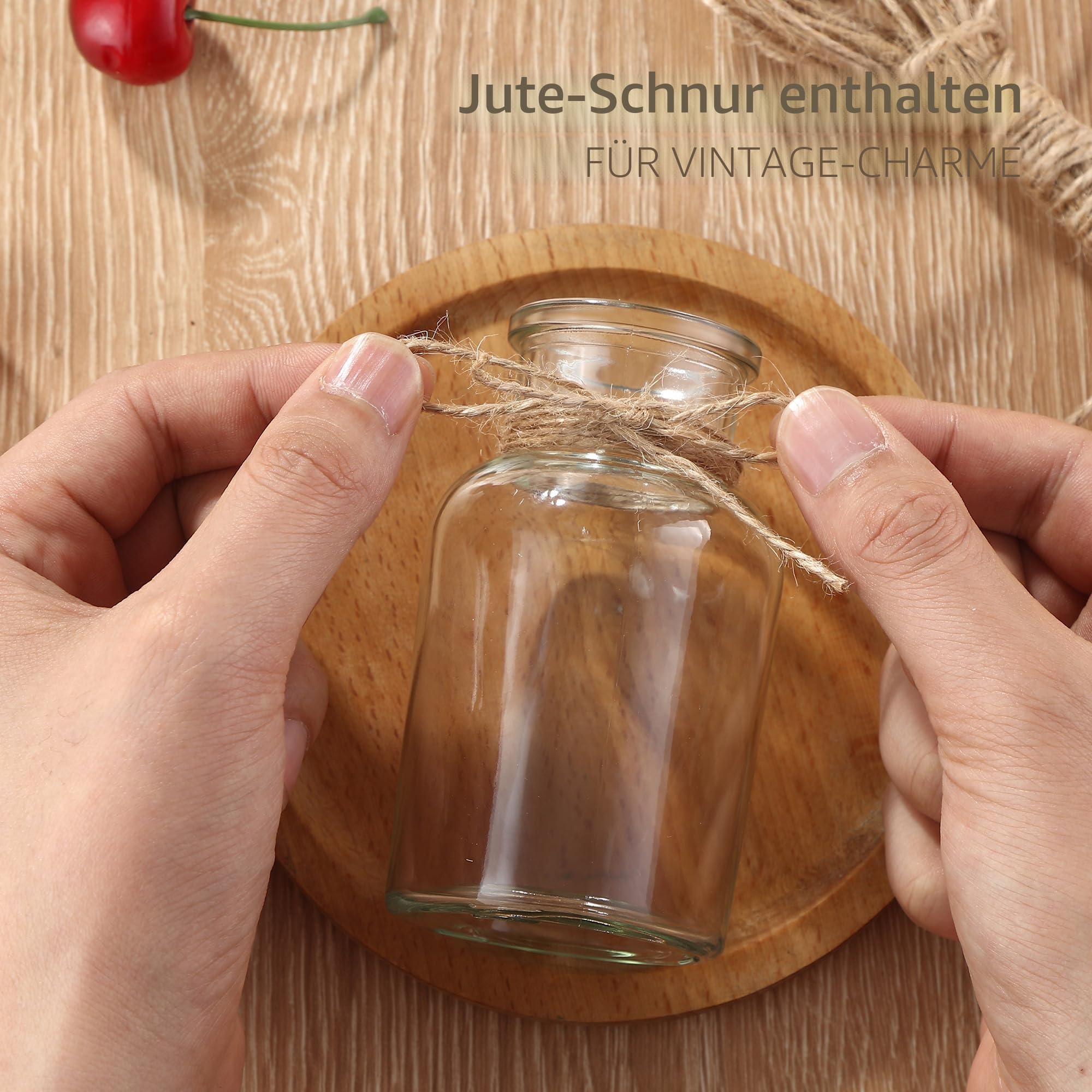 12 Stück Kleine Vasen,125ml Vasen Klein Tischdeko mit 10M Juteschnur,Glasvasen FüR Tischdeko,Retro Design,geeignet für Hochzeitsdekoration,Geburtstag,Party Set (125 ML)