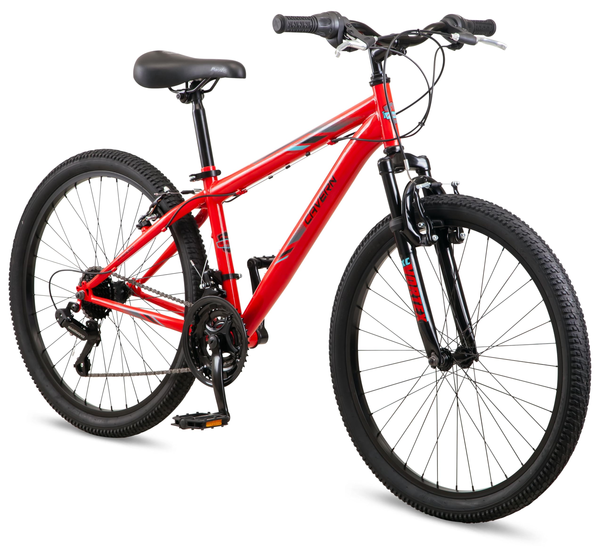 Cavern Mountain Bike for Youth or Adult Boys Girls, 7 or 21-Speed Twist Shifter Options, 20/24/26-Inch Wheels, 11 to 17.5-Inch Steel Frame, Front Suspension, Kickstand Included