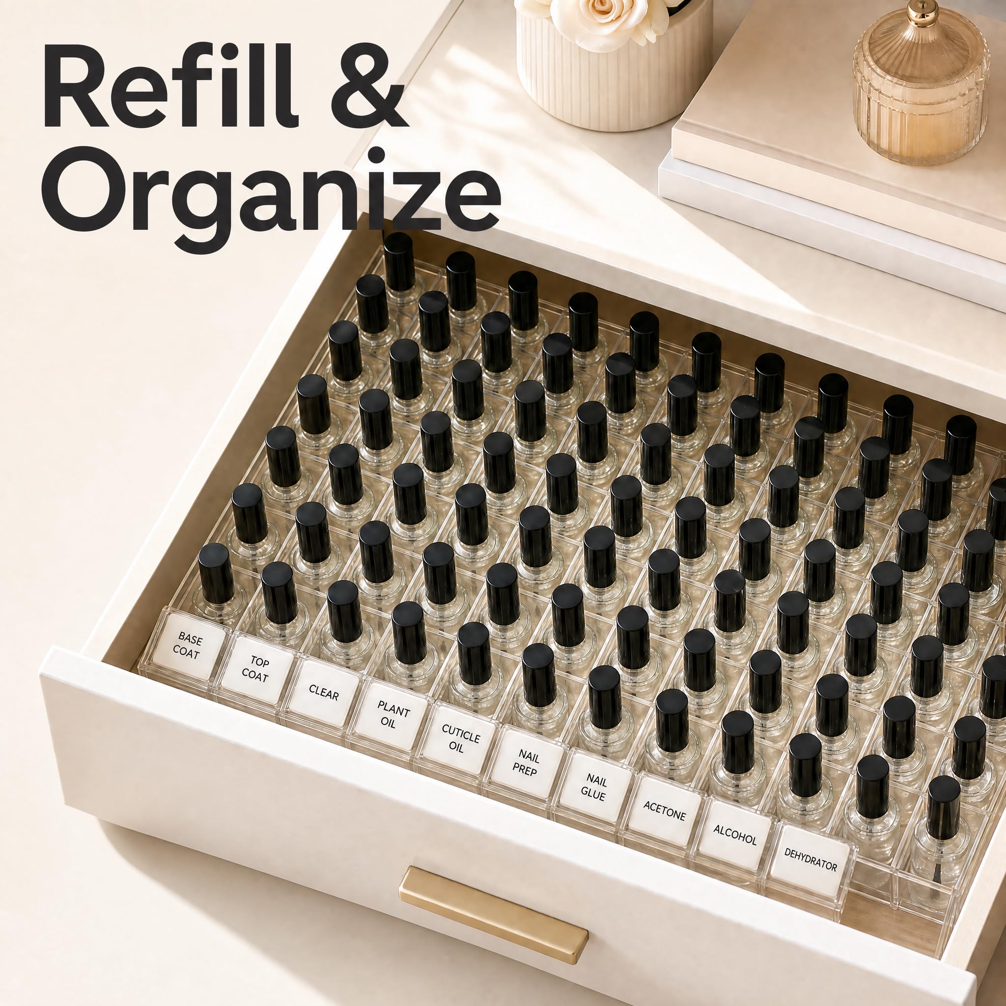 ZENFUN Lot de 50 flacons de vernis à ongles vides de 5 ml avec bouchon pinceau, récipients transparents pour vernis à ongles avec 6 entonnoirs en vrac, flacons rechargeables en verre pour nail art