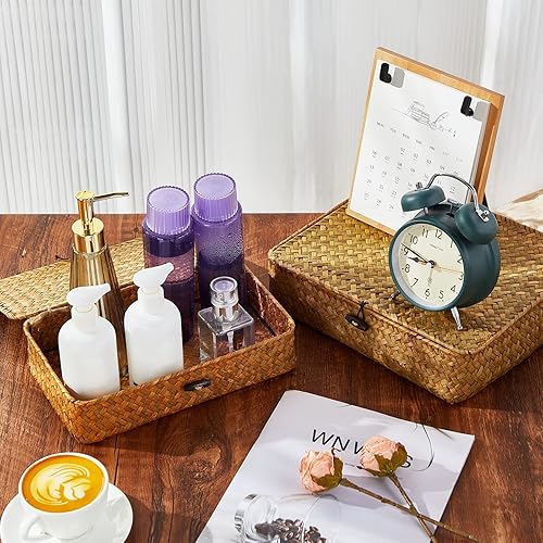 Miniatura 4 de Didaey Juego de 4 canastas de mimbre con tapa, cestas de almacenamiento decorativas con tapas, contenedores de almacenamiento planos, cestas