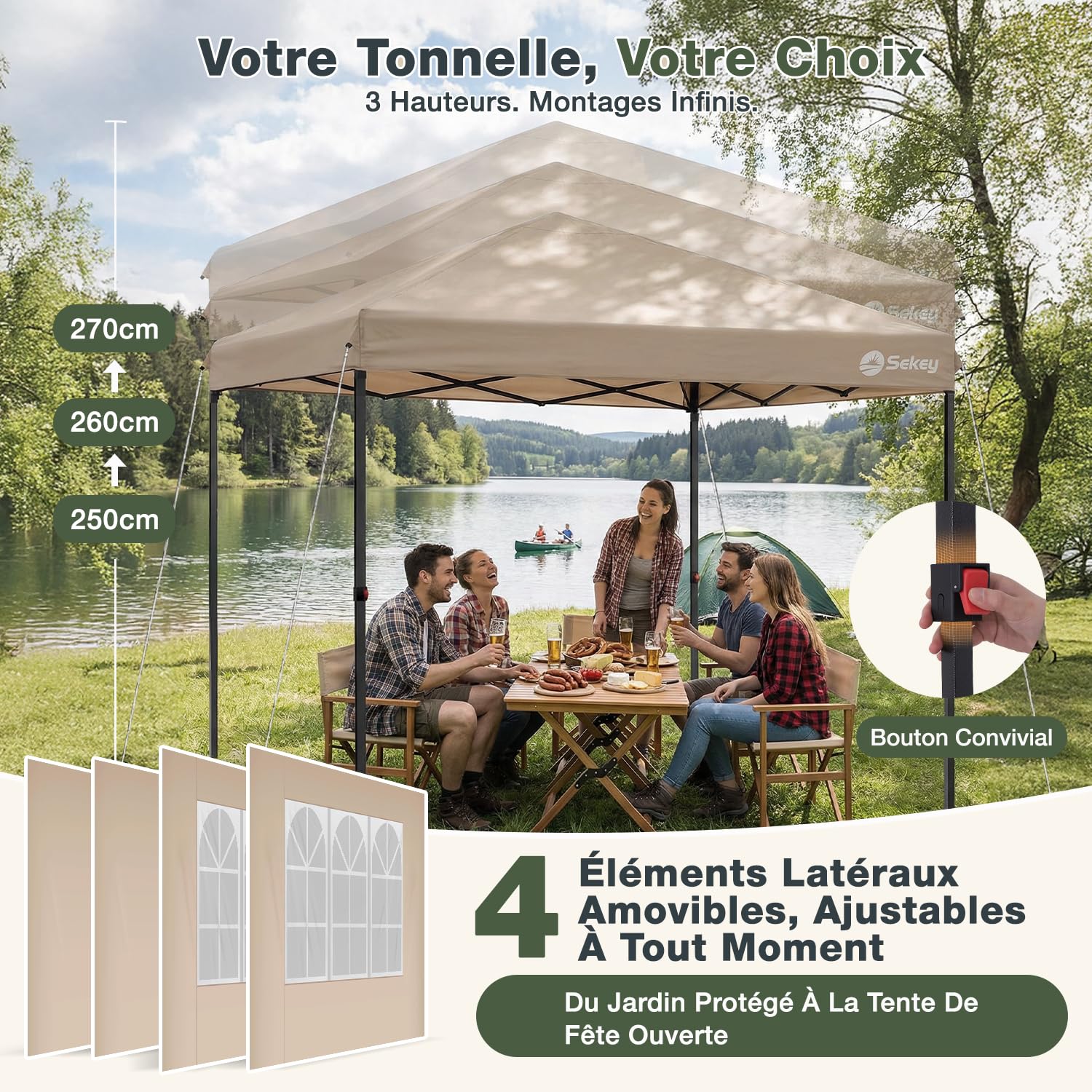 Sekey Tonnelle de Jardin 3x3m Imperméable Pop up, Barnum Pliant 3x3 avec Rideaux, Tonnelle de Jardin Exterieur, Anti UV Respirable Hauteur Réglable