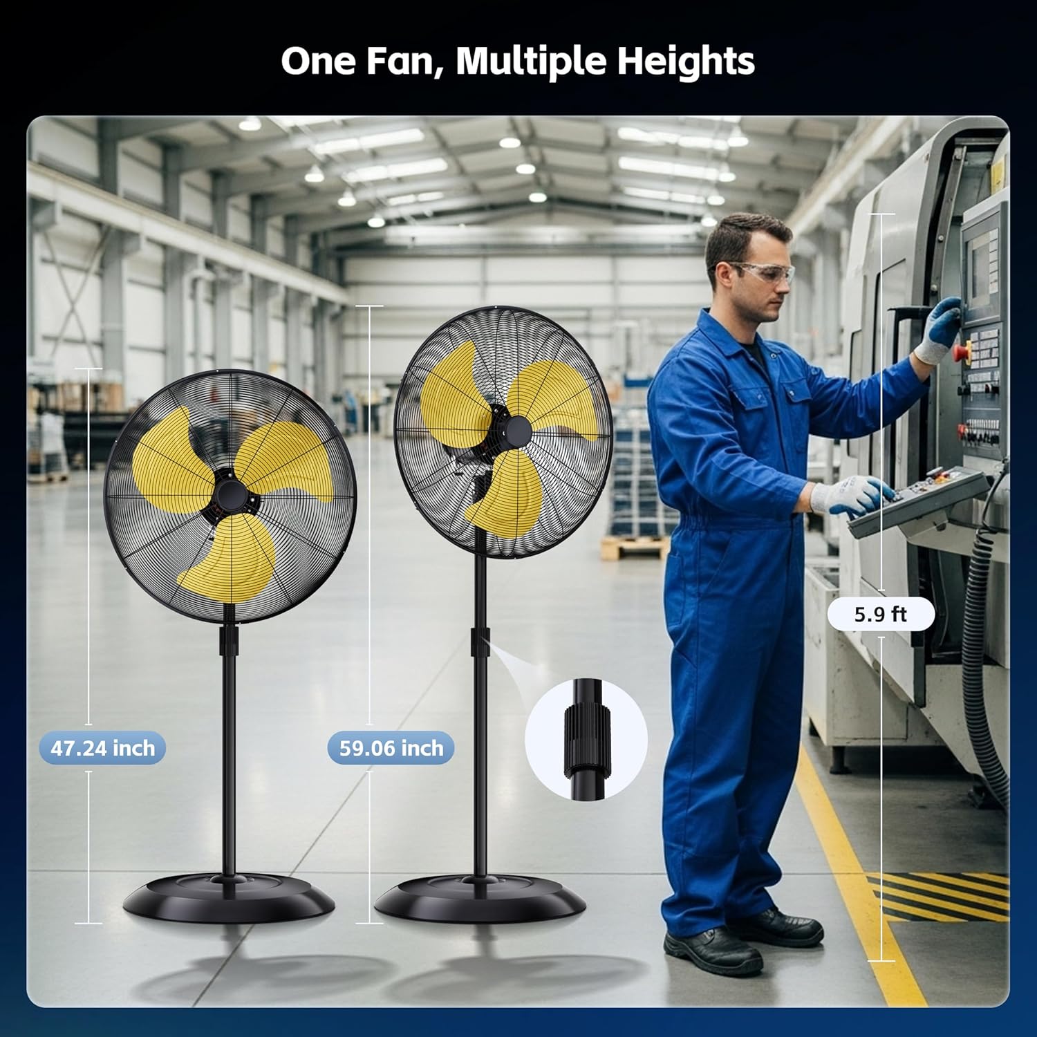 Uthfy 24" 8000 CFM Outdoor Pedestal Fan Oscillating, High Velocity standing fan with 3 Speed, Adjustable Height, Industrial Fans Heavy Duty, 120° Cooling for Warehouse, Garage, Gym, Patio, Yellow