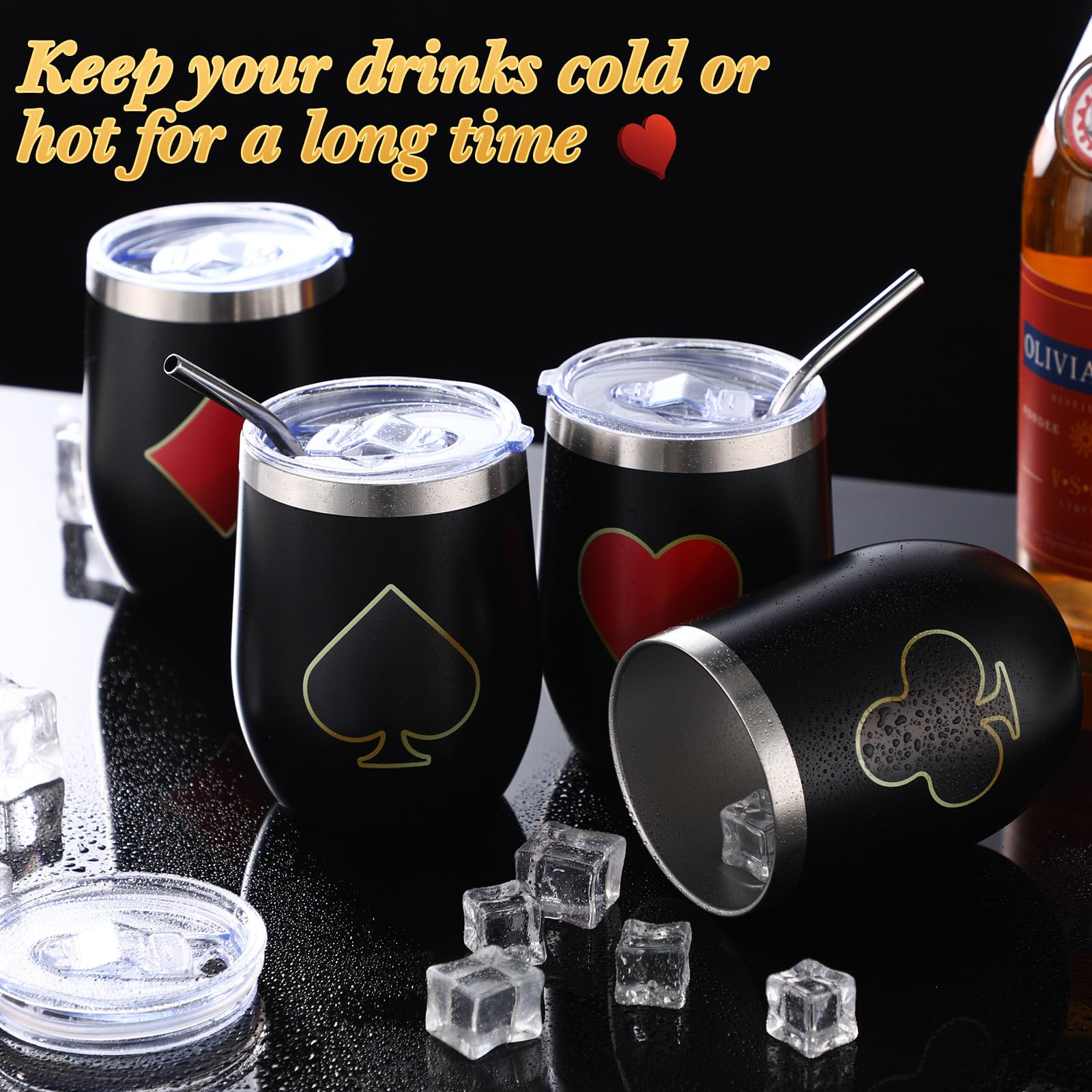 4 Pcs Casino Party Cups Pokers Glasses Stainless Steel Wine Tumblers with Lid and Straw 12 oz Casino Theme Party Decorations Poker Gifts Favors Set for Grad Birthday Game Night(Poker)