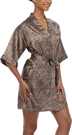 Womens Short Robe Silky Satin Pure Color Bathrobe Bridesmaid Bride Party Kimono V-Neck Sleepwear with Pockets