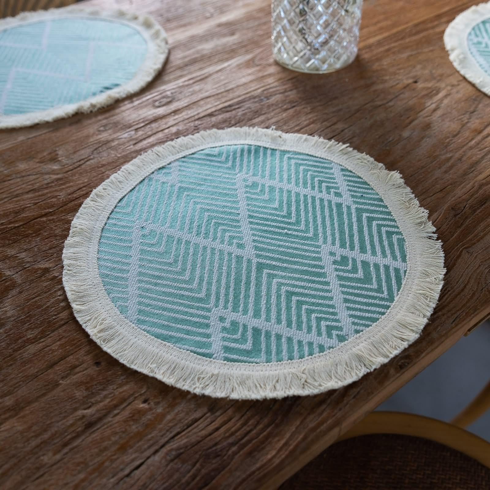 Platzsets XXL 6er Set, Tischunterlage Esstisch Schön 38cm Wellenstreifenmuster mit Quaste Polyester Baumwolle Grün Beige