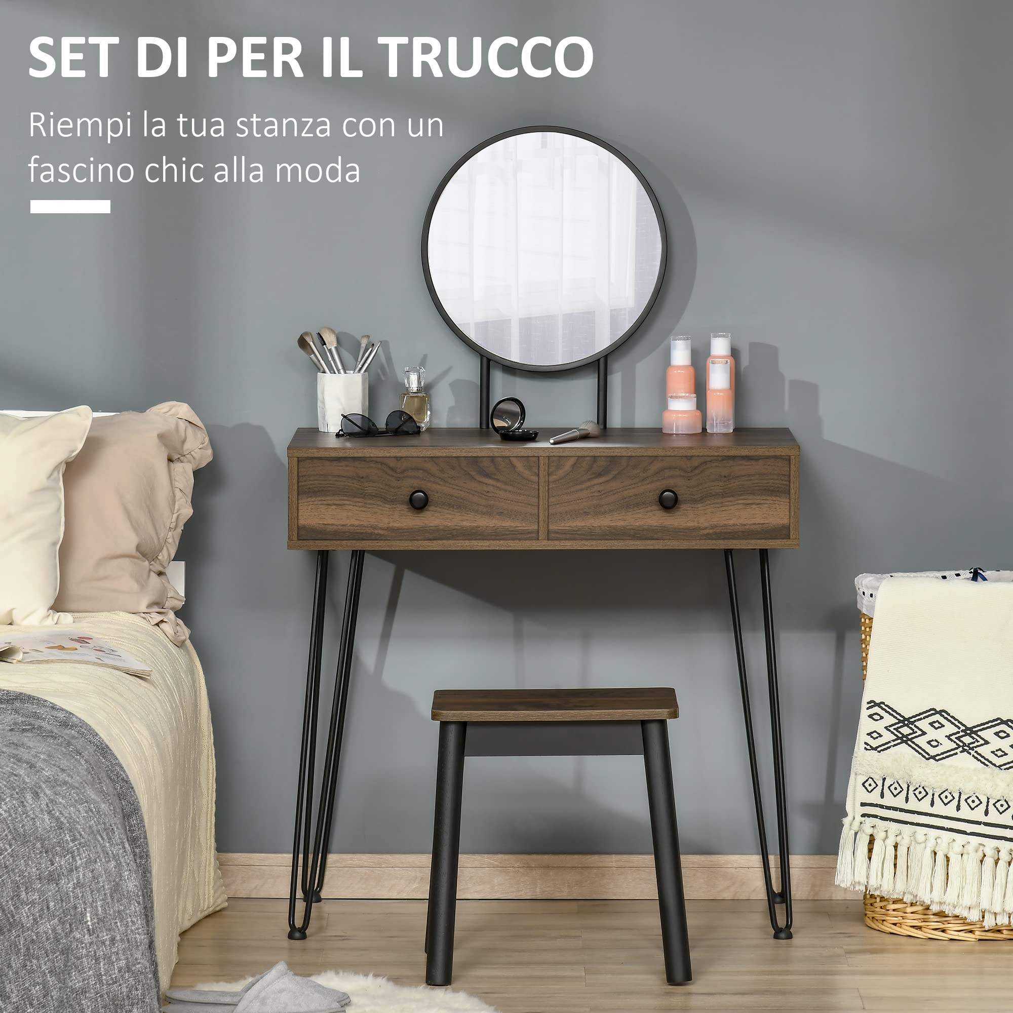 HOMCOM Postazione Trucco in Stile Industriale, Toeletta Trucco in Legno | Con Sgabello e Specchio, Postazione Makeup in Metallo per Camera da Letto