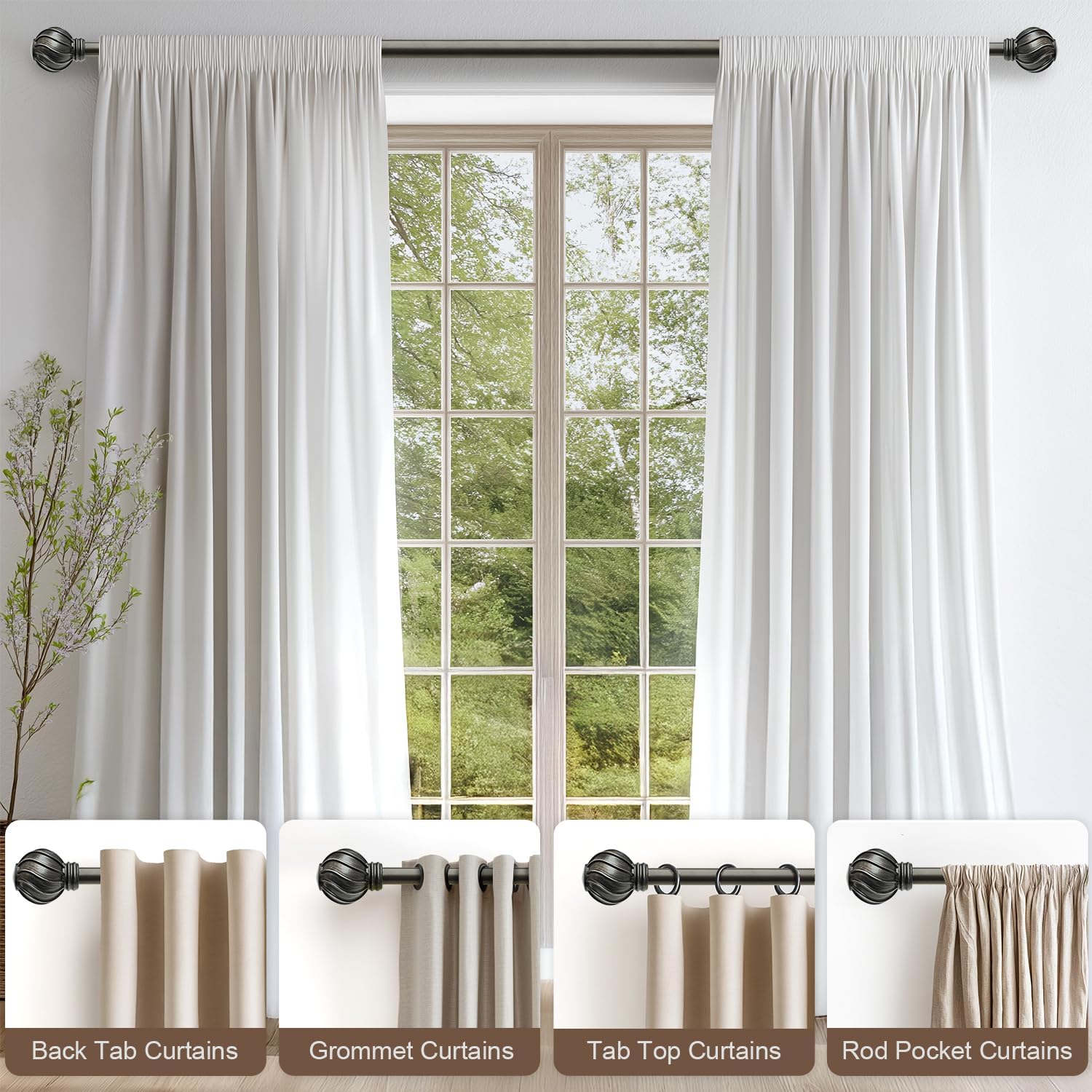 Lootkell Retro Black Curtain Rods for Windows 48 to 84 Inches Adjustable Length Heavy Duty 7/8" Diameter Window Curtain Rod with Decorative Finials for Outdoor Farmhouse Bedroom Kitchen Living Room