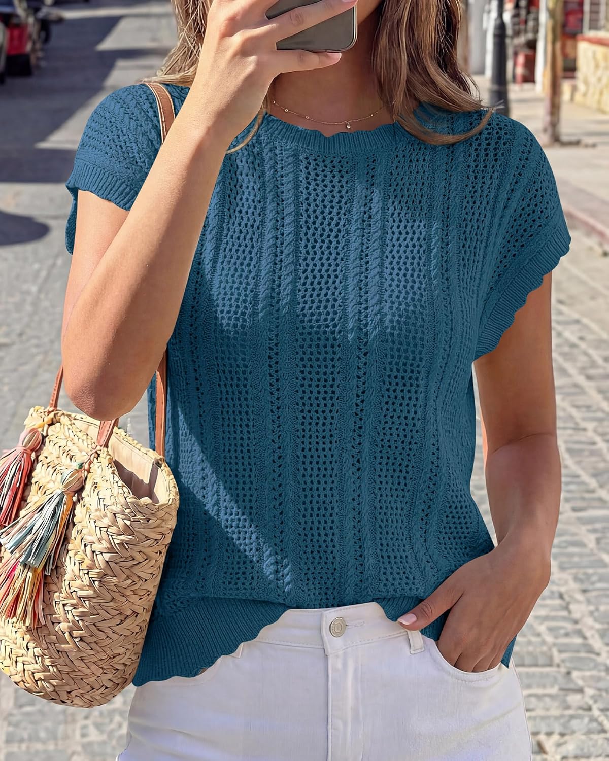 KIRUNDO Sweater Vest Women Crochet Top Cap Short Sleeve Sweater 2026 Spring Summer Cable Knit Pullover Beach Vacation Outfits - Image 4