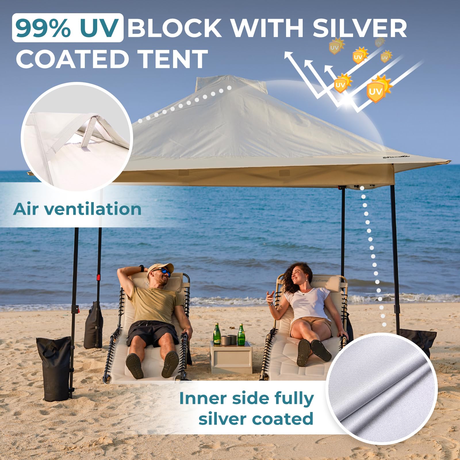 FUNDANGO 10x10 Pop Up Canopy, Beach Tent with Patent Quick Open Frame, Silver Coated Top& Wheeled Carry Bag, Easy Outdoor Sun Shade for Events, Parties, Camping（White : Patio, Lawn &