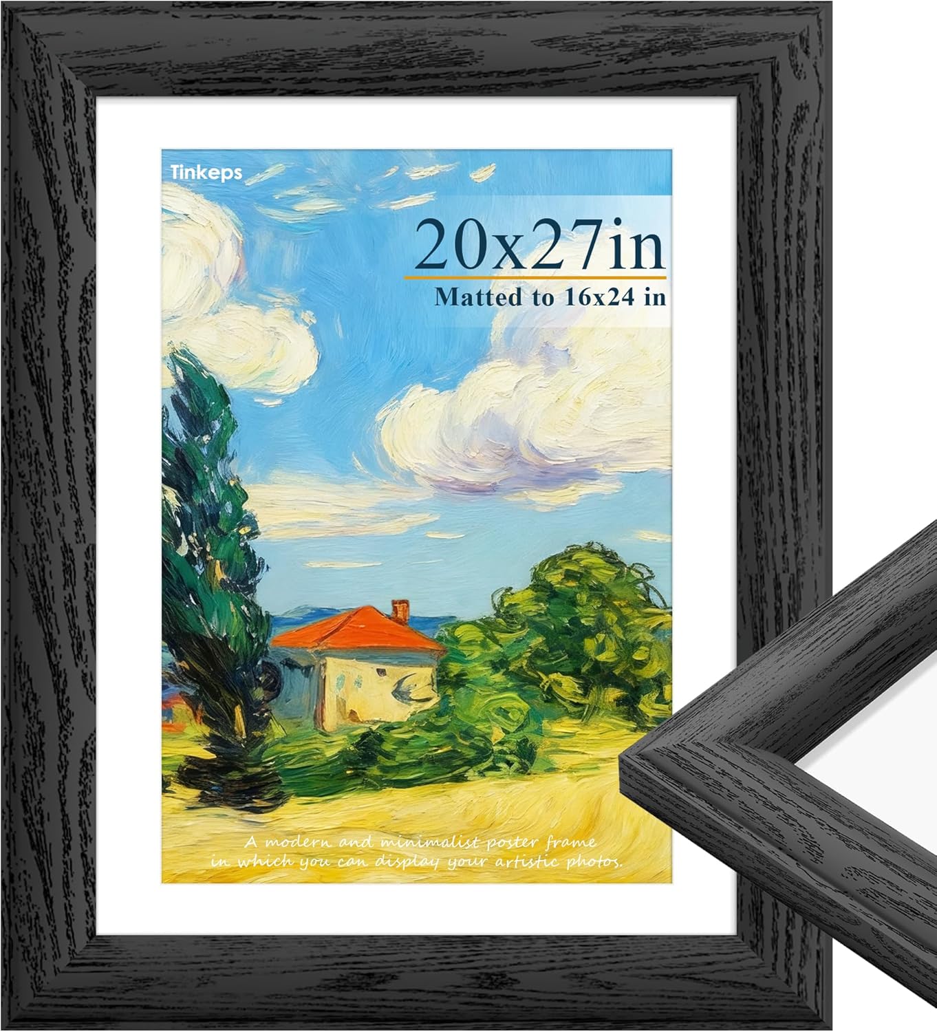 20x27 Picture Frame Black, 1.57 Inch Wide Wood Grain Texture, Display Pictures 16x24 with Mat,20x27 frame for puzzle with Black Backing Horizontal or Vertical Wall Black 20x27