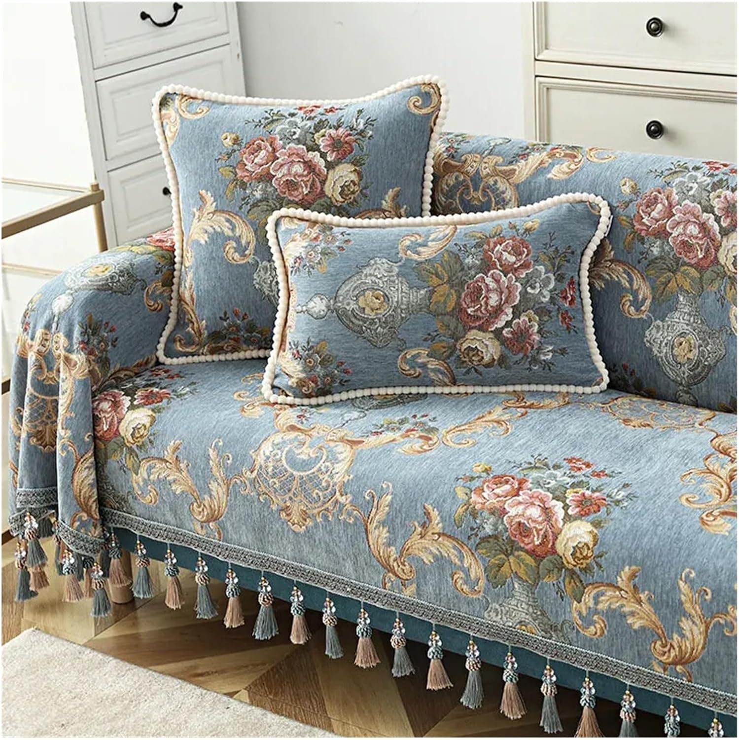 Vintage Sofa Cover Tassel Sofa Slipcover Couch Cover 1/2/3/4 Seater Jacquard Flower Single Furniture Recliner Chaise Sofa Towel(Beige-E,3 Seater-190x300cm)