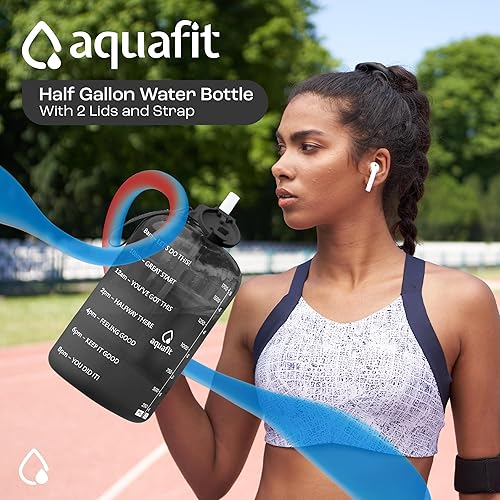 Miniatura 3 de AQUAFIT Botella de agua de medio galón con popote, botella de agua de medio galón con marcador de tiempo y asa, jarra de agua de galón sin BPA,