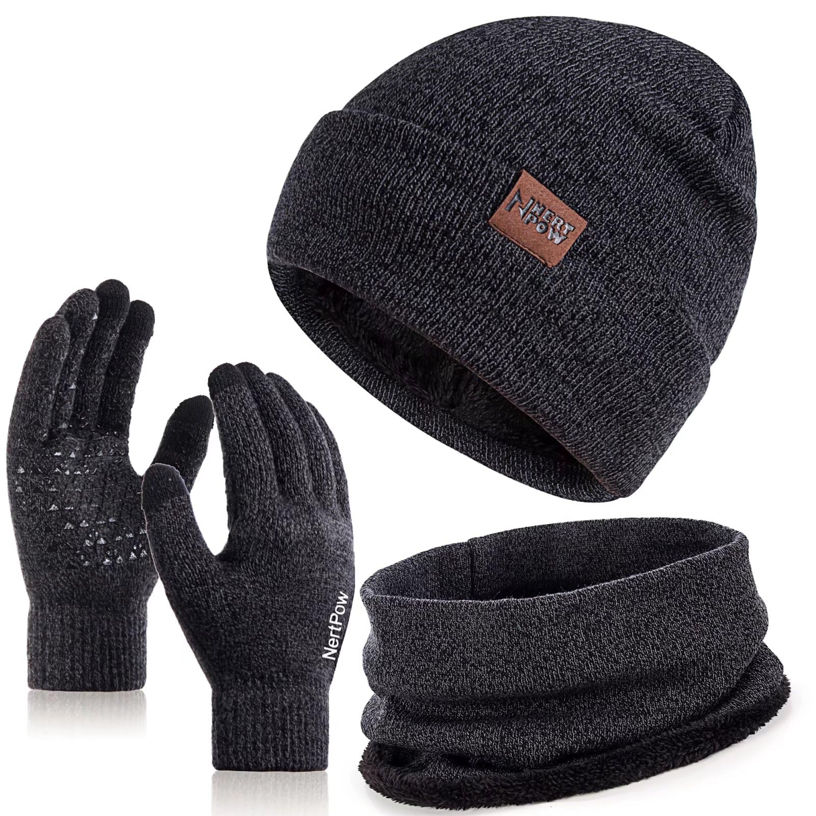 Winter 1-3 PCS Beanie Hat Gloves Scarf For Men And Women Knit Fleece Lined Warm Touchscreen Gloves Beanie