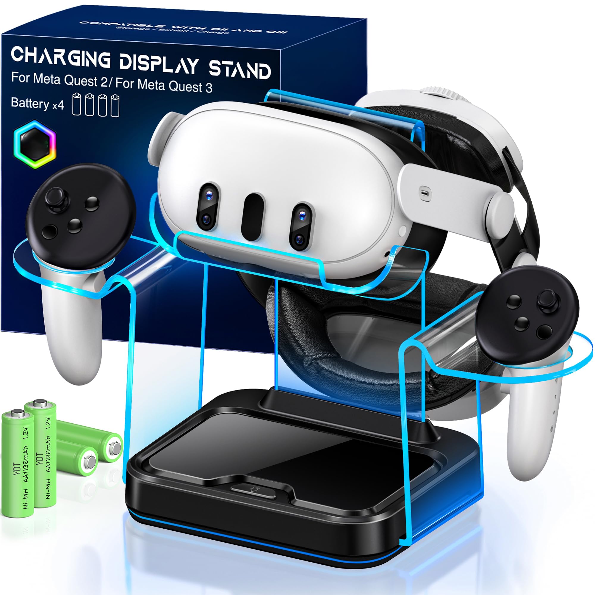 Szybka stacja ładująca VR do Meta Oculus Quest 3: stacja ładująca LED Quest do Oculus 2 Aceesories - stojak na kontroler RGB z 4 akumulatorami do Meta Quest 3S