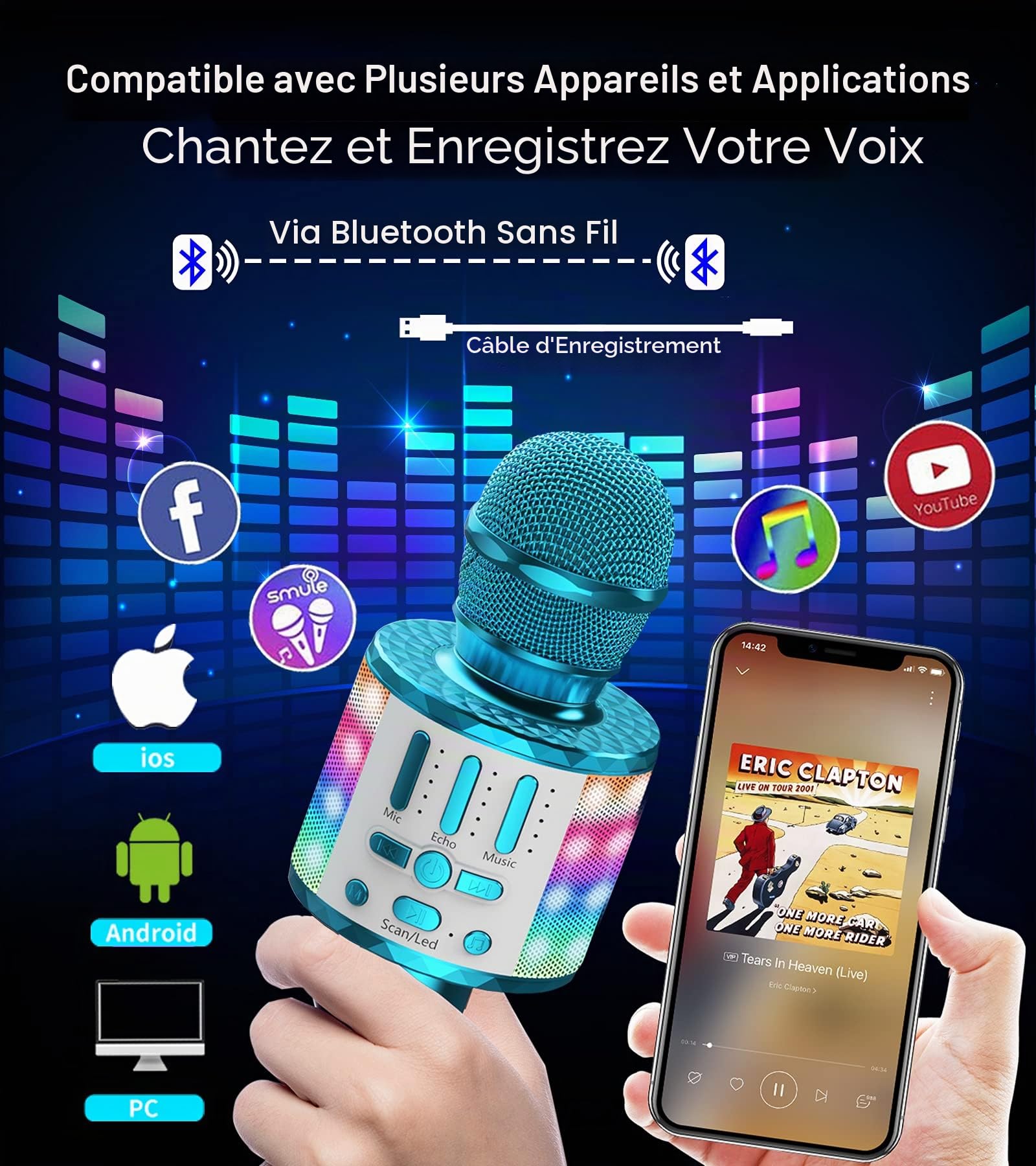 Micros sans Fil Karaoké, Microphone Karaoke Bluetooth avec Lumière Scène, Portable Haut-Parleur pour Enfants/Adultes Fête Chanter Disco KTV Clubs Noël Anniversaire Soiree Idée Cadeau Fille Garcon