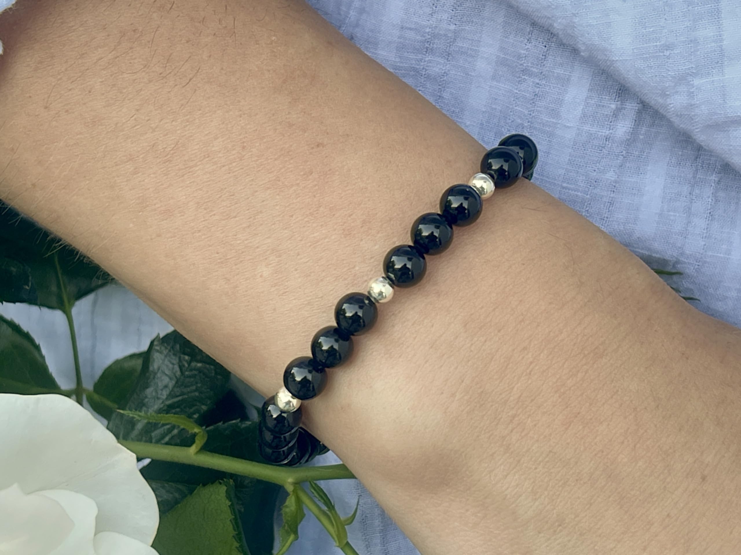 Turmalin Armband Perlen echt 6mm mit Edelstahlperlen 4mm Silber Gold Roségold oder Ionisiert - Handmade Perlenarmband Schwarz Schutz Kraft Stärke - Spiritueller Schmuck Unisex