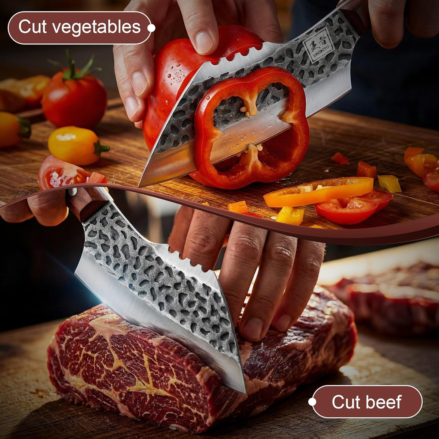 ENOKING 6.1 Inch Hand Forged Chef Knife, High Carbon Steel Butcher Knife with Leather Sheath, Full Tang Camping Cooking Knife for Meat Cutting, BBQ, Kitchen, Outdoor, with Gift Box - Image 3