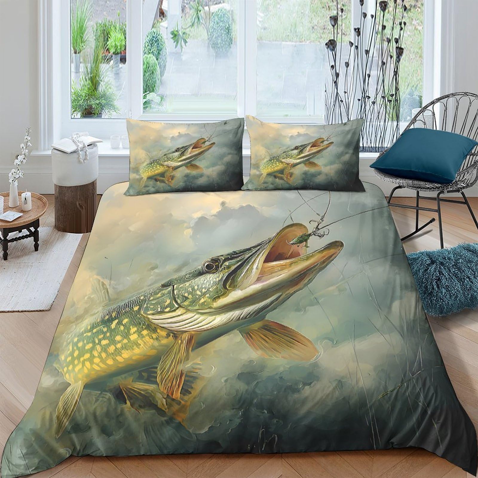 Ctjqhvkz Style-4 3D Printed Lively Pike Fitted Sheet Microfiber Soft Breathable Fishing Scene Bed Cover For Bedroom Dorm Decor Single（135X200cm）