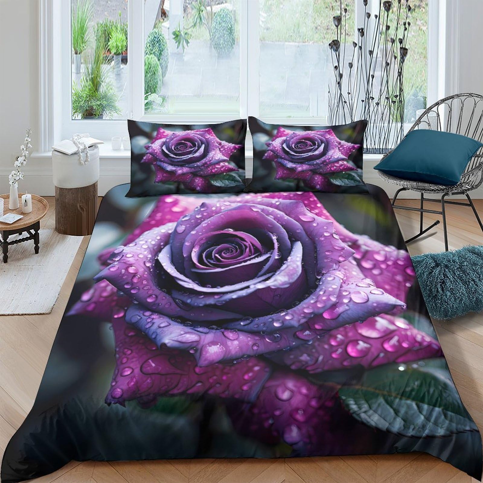 Ctjqhvkz Style-3 3D Printed Purple Rose Fitted Sheet Microfiber Soft Anti-Slip Bed Sheet Waterdrop Floral Mattress Cover Bedroom Decor Single（135X200cm）