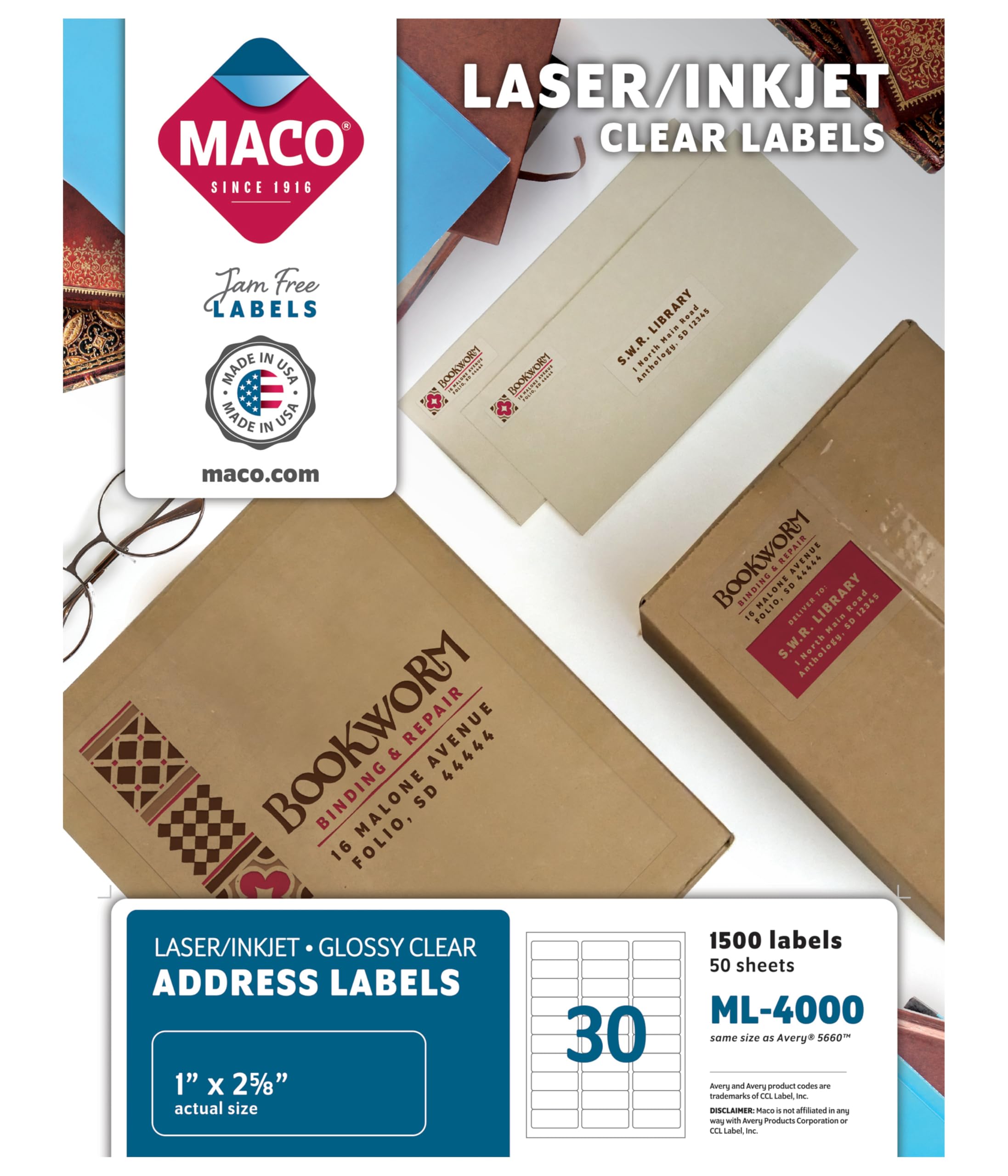 MACO Laser/Ink Jet Glossy Clear Address Labels, 1" x 2-5/8", 30 per Sheet, 1500 per Box (ML-4000)