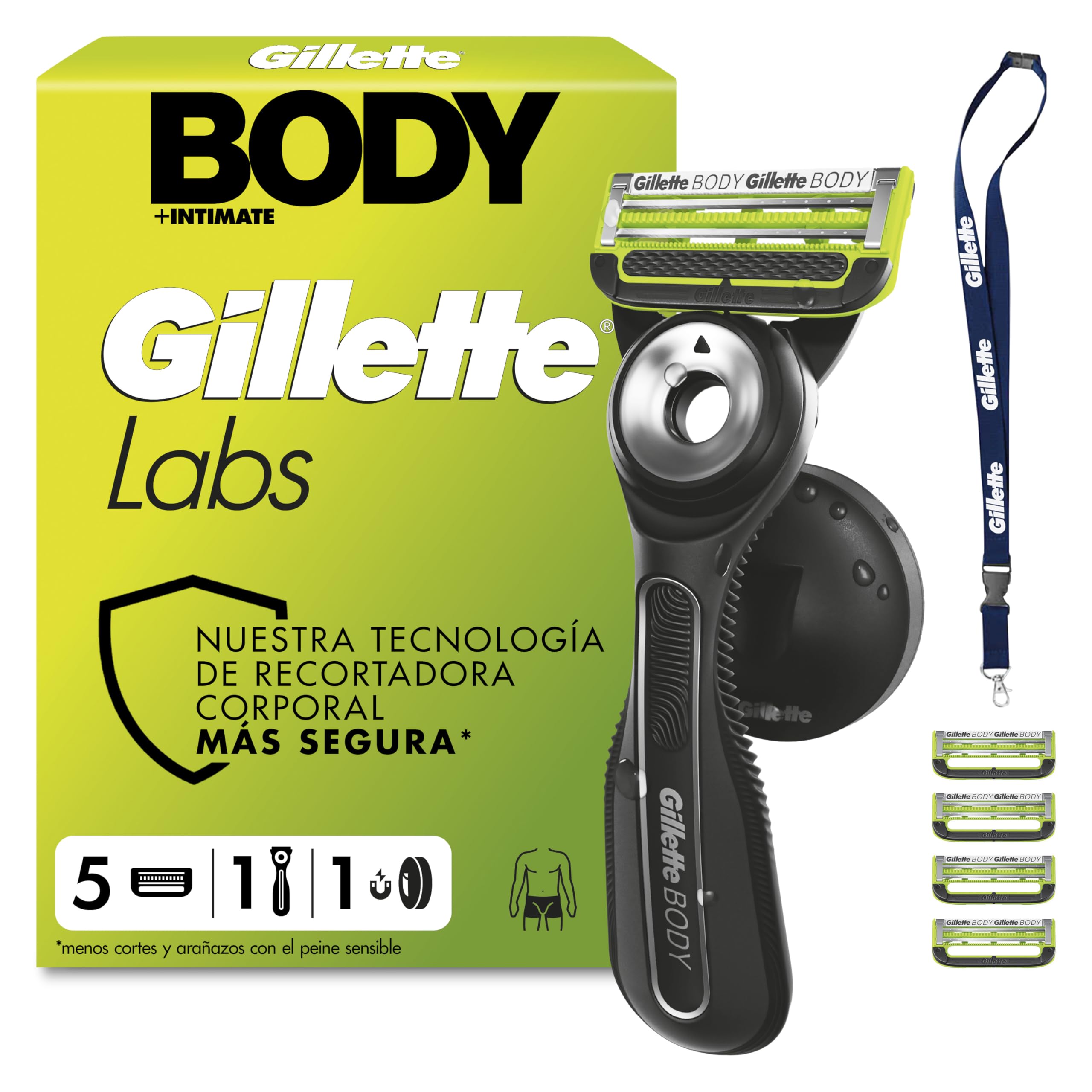GilletteLabs Body + Intimate Maquinilla Corporal Hombre con 5 Recambios - Mango de Goma, Cuchillas con Barra Anti-vellos Encarnados Y Soporte Magnético, Depilación Íntima Y Afeitado Corporal Masculino