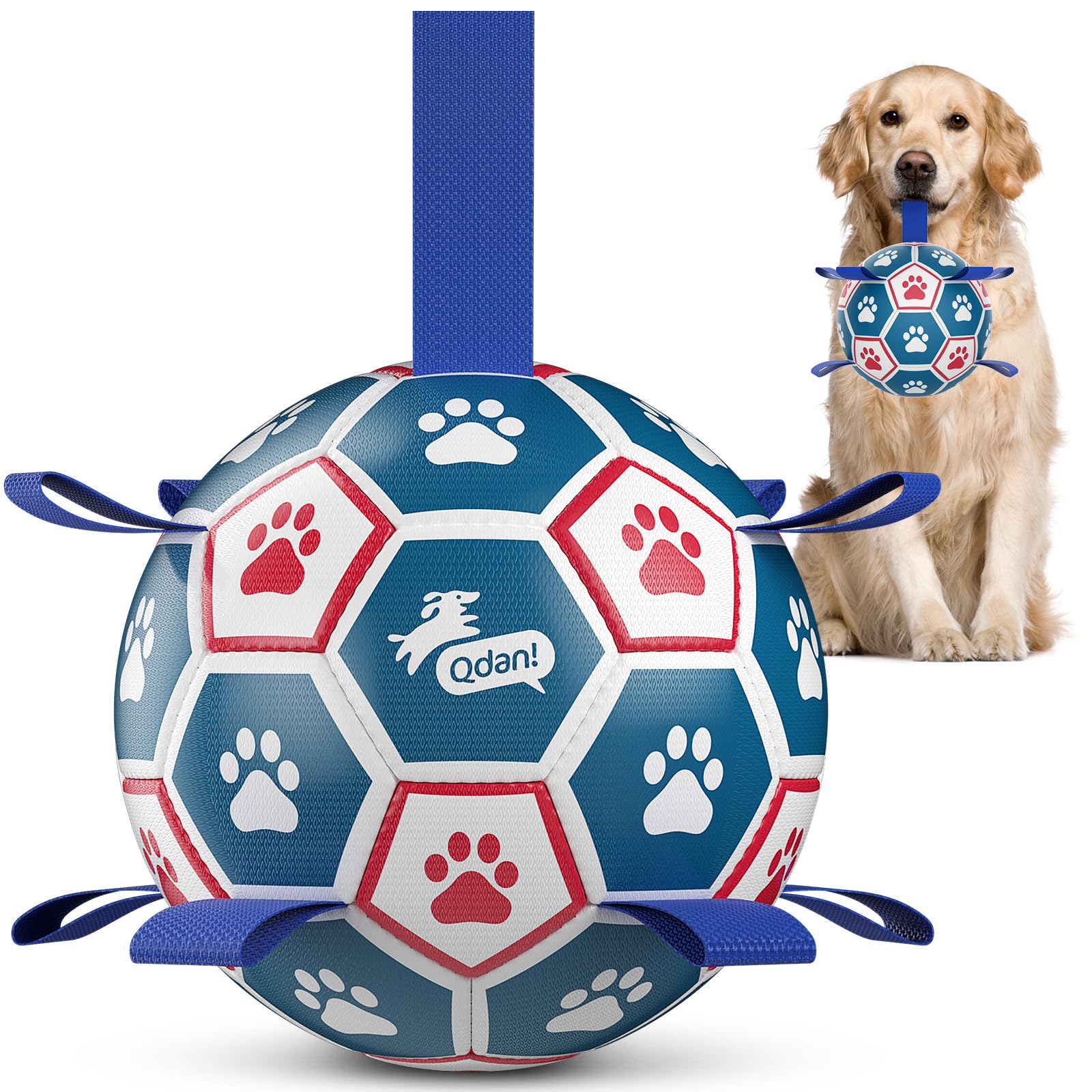 QDAN Dog Ropes Toys Soccer Ball with Straps, Interactive Dog Toys for Tug of War, Puppy Birthday Gifts, Dog Tug Toy, Dog Water Toy, Durable Dog Balls for Medium & Large Dogs（8 Inch）