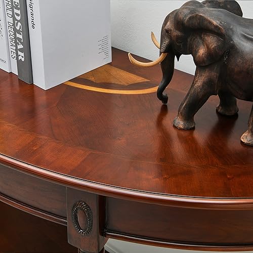 Miniatura 7 de MODERION Mesa consola de madera maciza con cajón, estante de almacenamiento de entrada semicírculo, tallas de media luna, elegante sofá vintage para