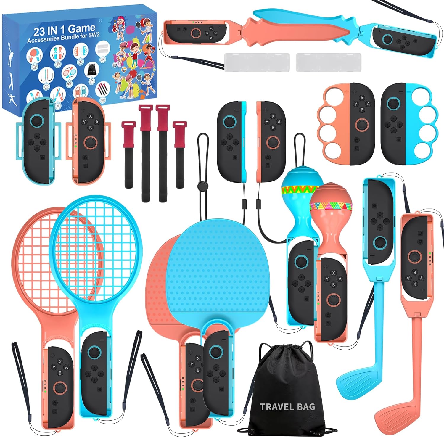 2025 Nintendo Switch 2 Sports Accessories Bundle - HLRAO 23 in 1 Family Accessories Kit for Nintendo Switch 2 Sports Games:Tennis Rackets,Sword Grips,Golf Clubs,Wrist Dance Bands & Leg Strap etc