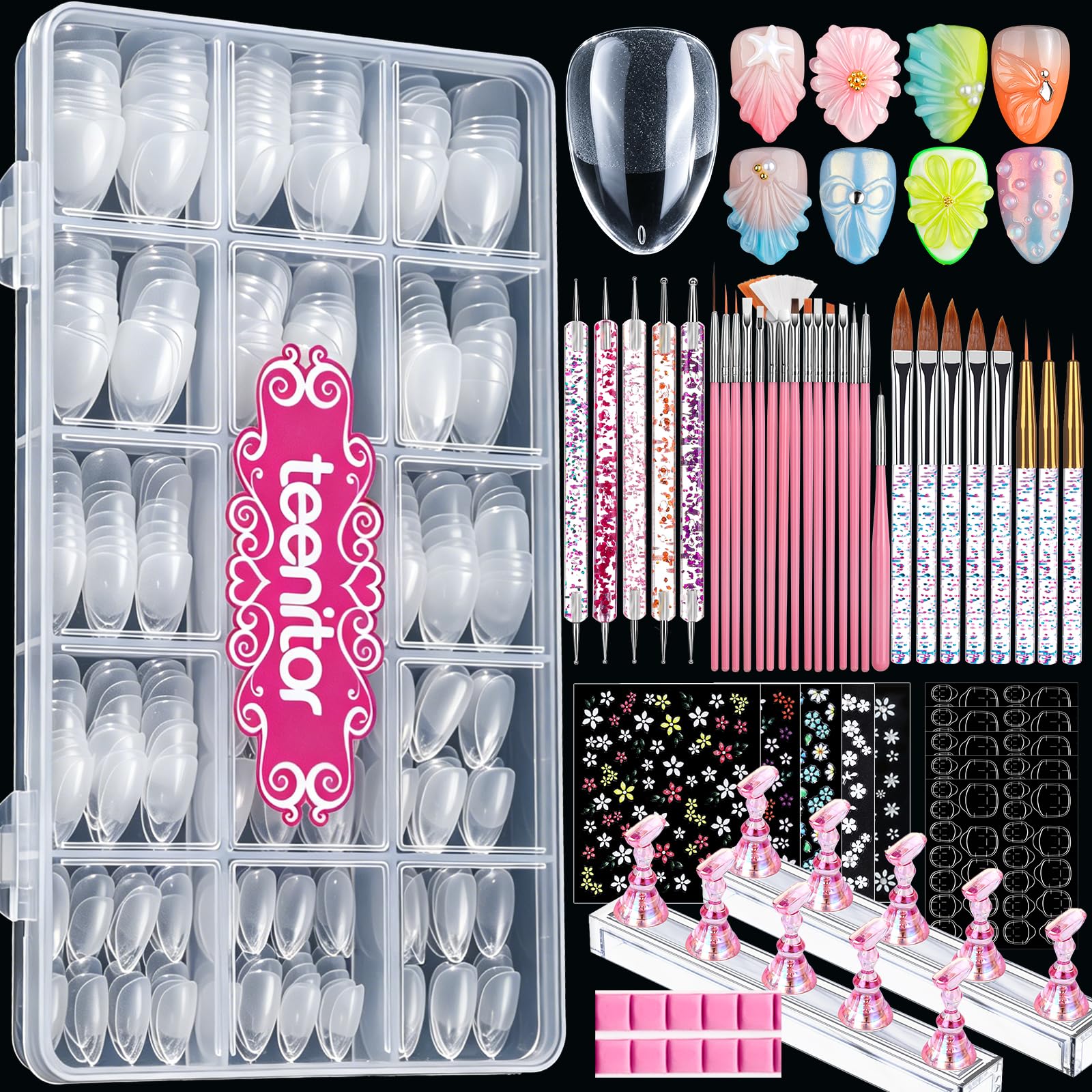 Teenitor Short Almond Nail Tips Set, 510 Pcs 15 Sizes Half Matte Pre-shaped Clear Acrylic Nail Tips, 23 Pcs Nail Art Brushes, Dotting Tool, Nail Stand, Nail Stickers for DIY Nail Art