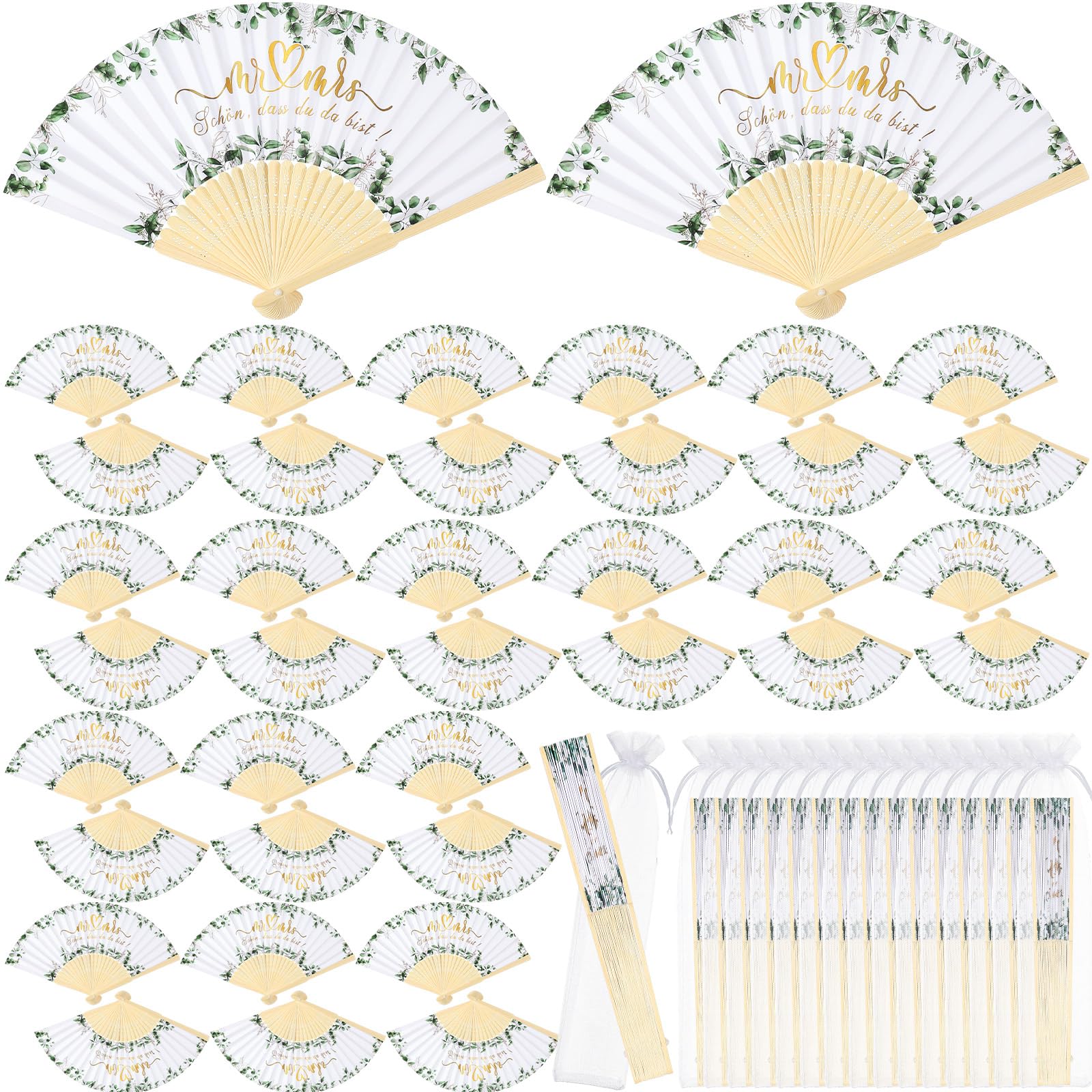 Namalu 60 Piezas Abanico con Patrón de Eucalipto Favores de Boda Abanicos de Papel Blanco con Bolsa de Organza Abanicos Plegables de Bambú para Invitados a la Boda Verano Cumpleaños Fiesta
