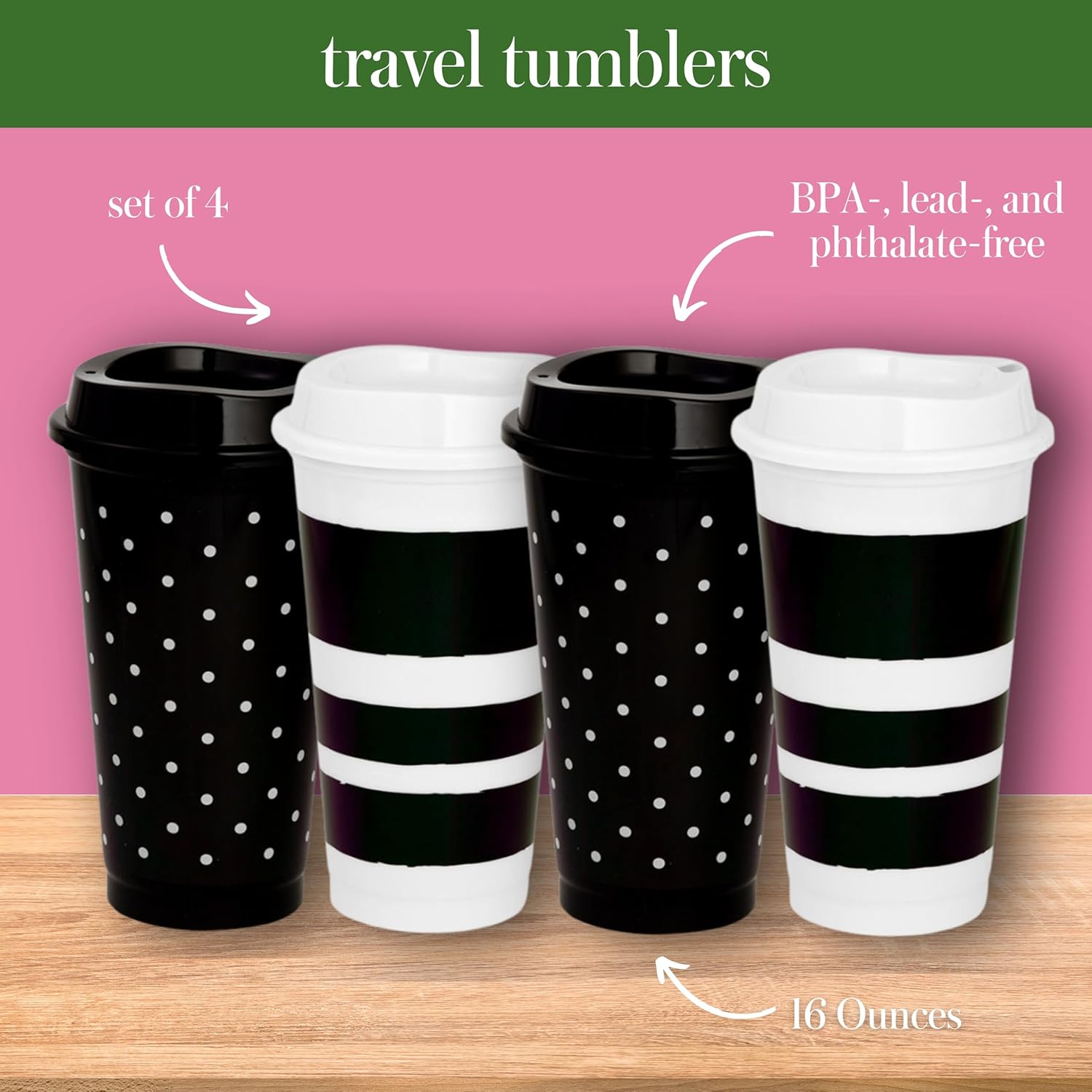 Kate Spade New York Black/White Reusable Travel Tumbler Set of 4, 16 Ounce BPA-Free Plastic Cups with Lids, Coffee Mugs for Hot or Cold Drinks, Dots and Stripes - Image 2