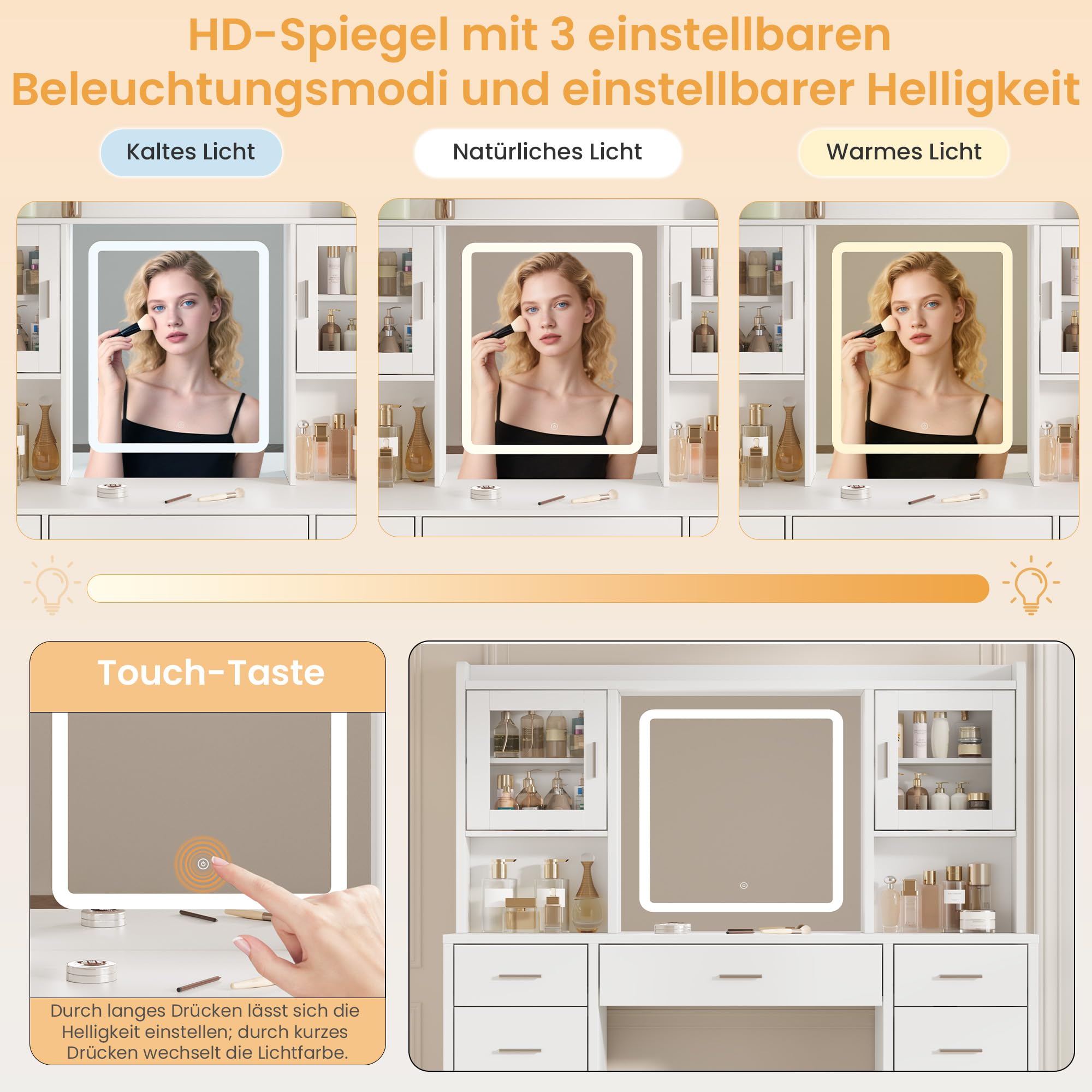 Große Schminktisch mit LED-Beleuchtung, 3 Farben, Helligkeitsregulierung, Schminktisch mit Spiegel, 9 Schubladen,2 Schränken, Moderner Stil, Weiß