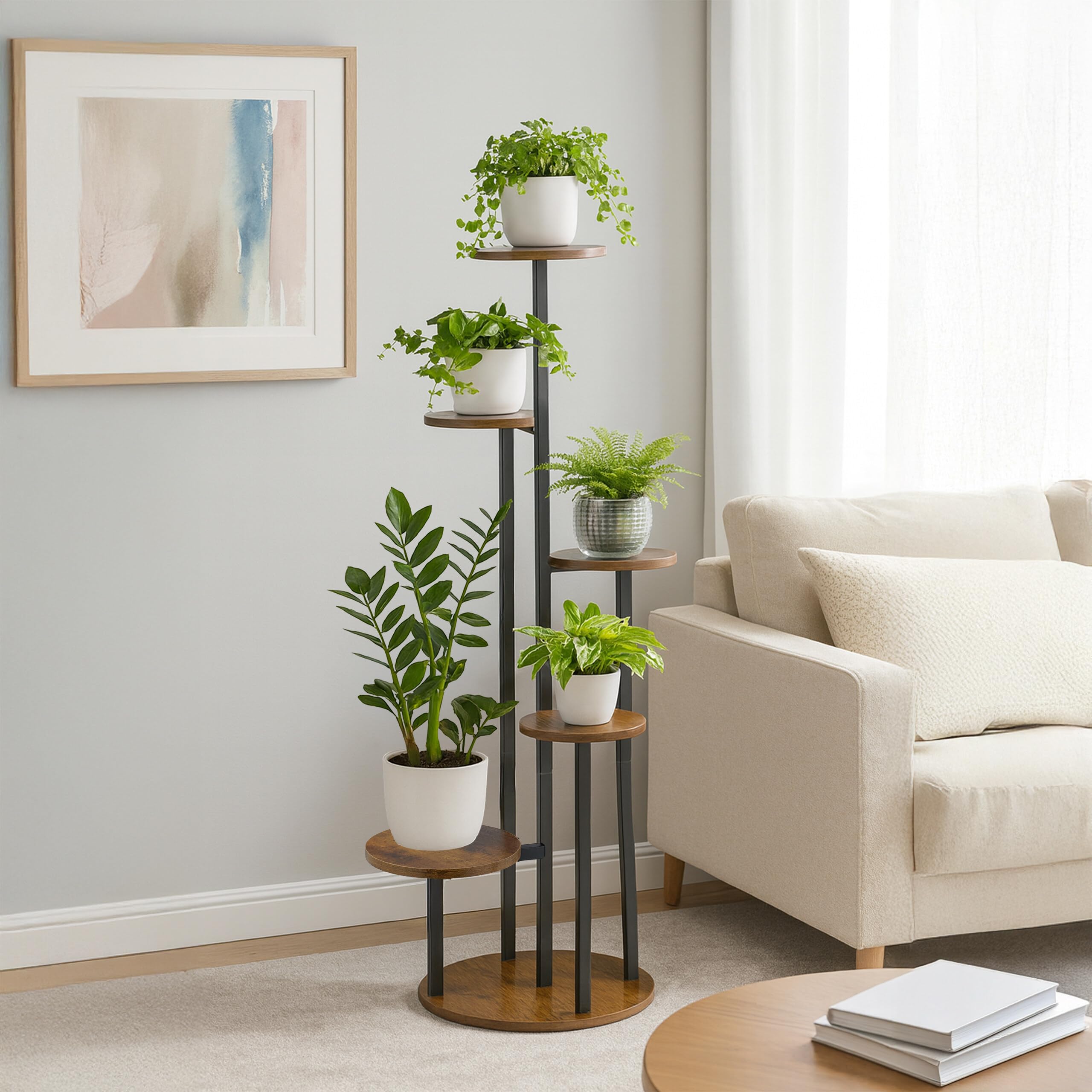 Relaxdays Étagère à Plantes, 5 emplacements, Fer et MDF, H x L x P : 118,5 x 58 x 58 cm, Noir et Marron