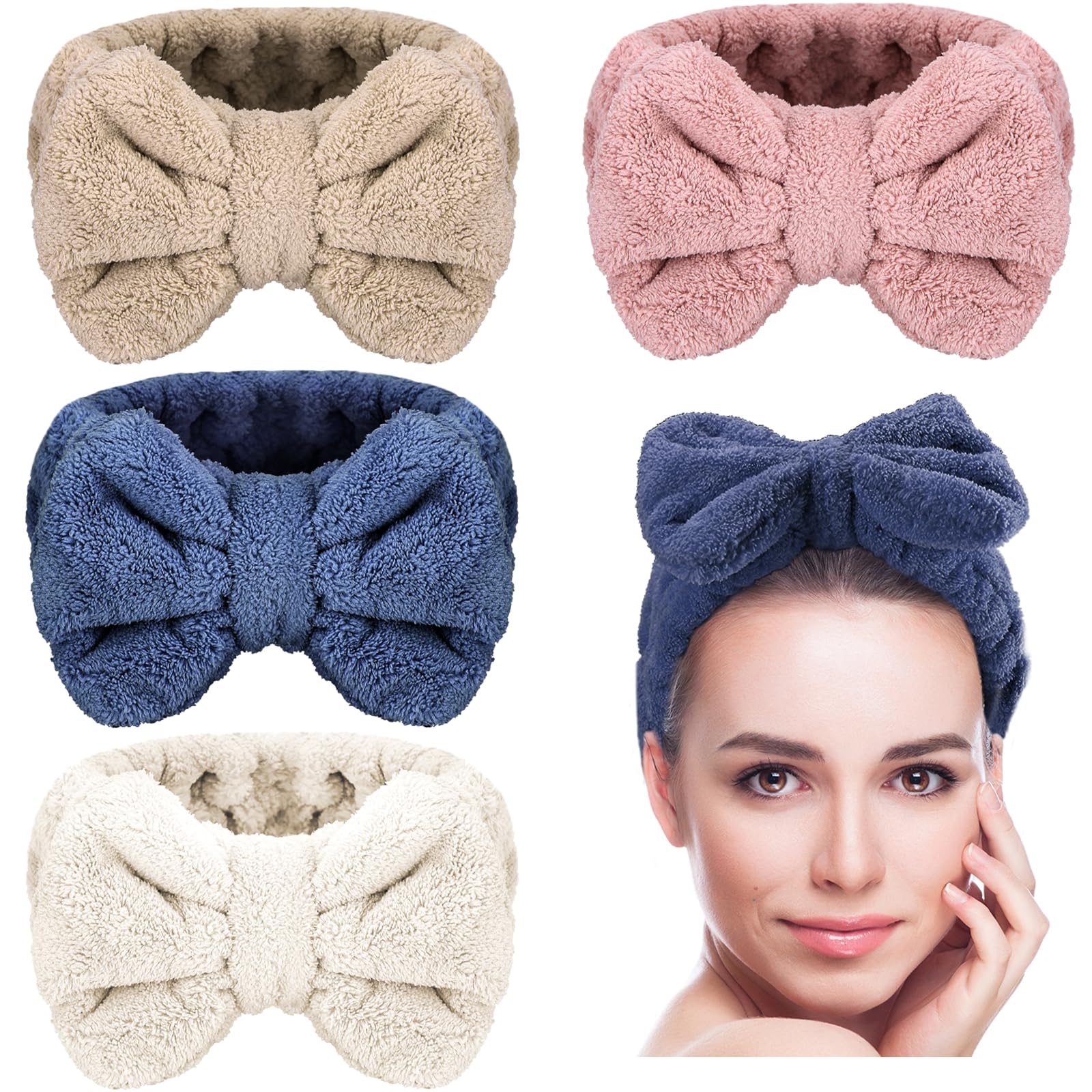 Senkary 4 Pack Makeup Spa Headband Microfiber Bow Towel Soft Fluffy Washing Face Headband for Women Girls Shower Bath Skincare (White, Blue, Pink,