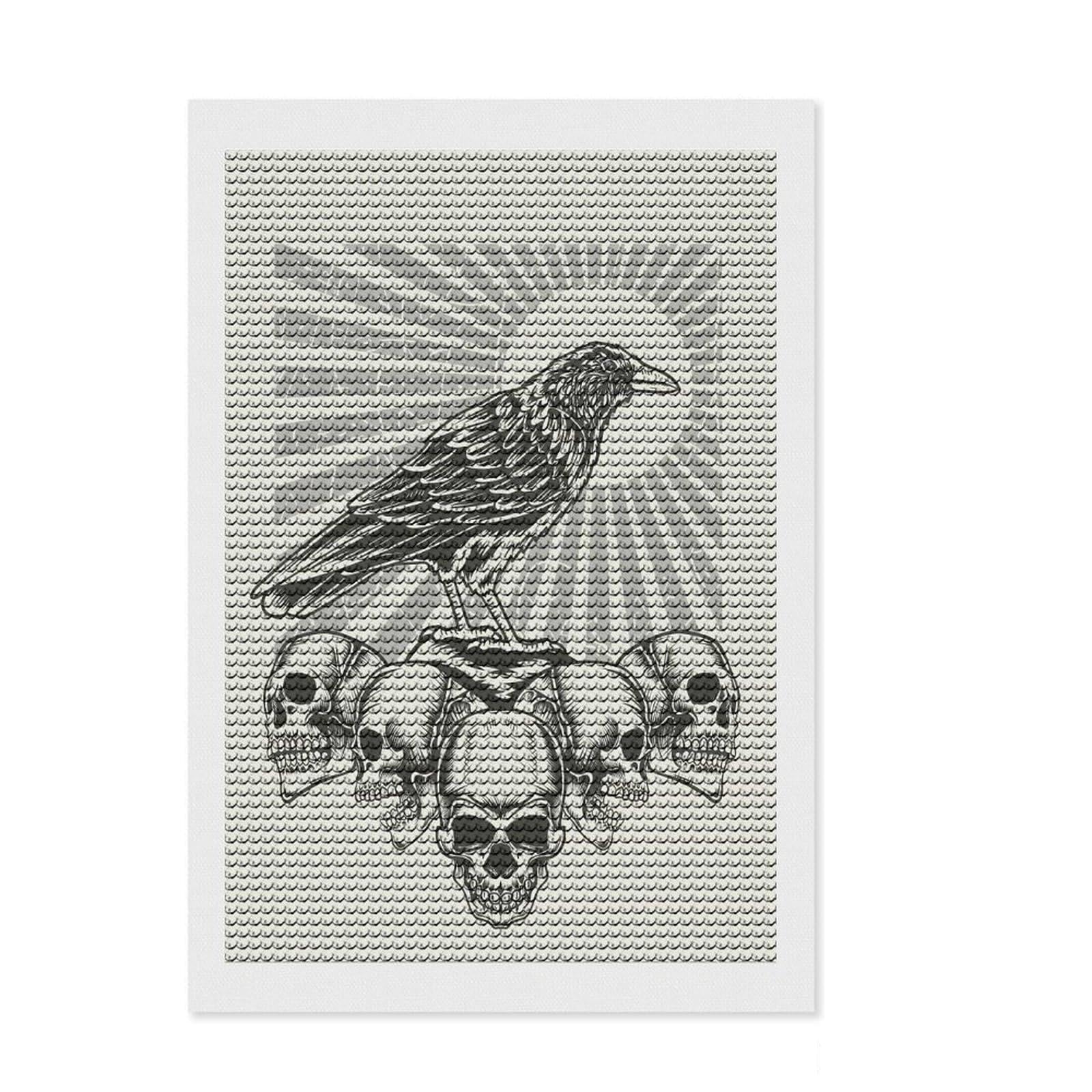 Junmoney Crow with Skull Head DIY Diamond Art Canvas Kit 8"x12", Neat Printed Canvas, Mindful Craft Activity, Office Decor, Gift Idea