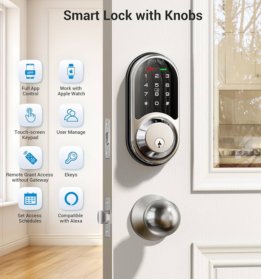 Veise RZ06C Smart Locks for Front Door, 2 Knob Handle Set
