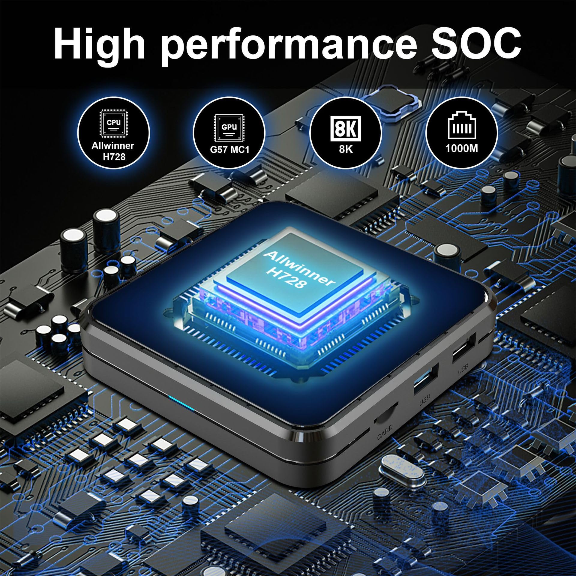 Boîtier TV Android 14.0, Décodeur R69 Pro, Processeur Quad Core H728, GPU Mali-G31 MP2, Décodage H.265, Wi-FI 2,4 Ghz/5 Ghz, DLAN 100 Mbps/1 000 Mbps,2gb+16gb